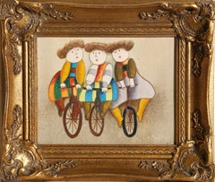 Trois monocycles, peinture à l'huile d'art populaire sur toile par Joyce Roybal