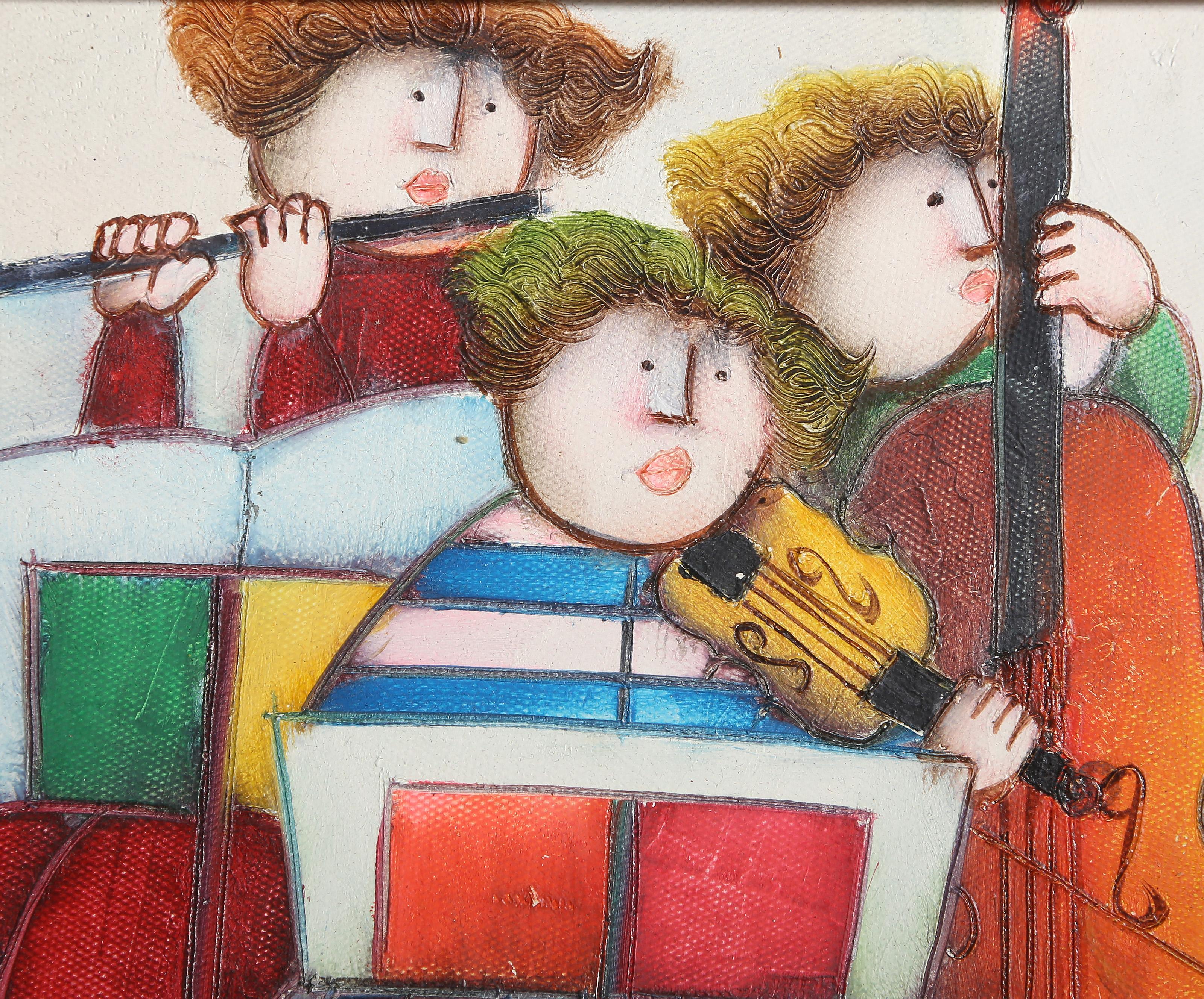 Three Woman Band, Folk Art Oil Painting on canvas by Joyce Roybal For Sale 1
