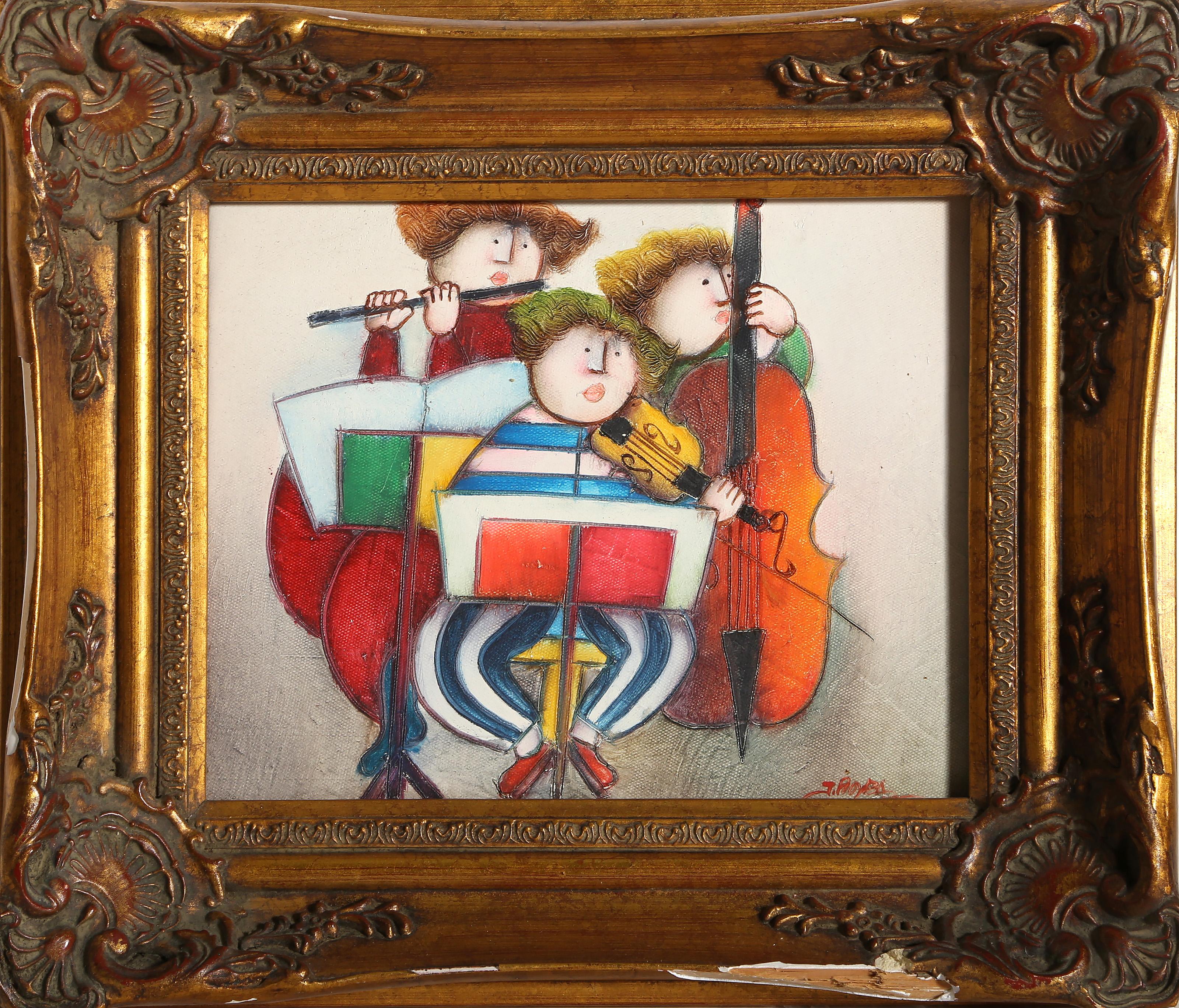 Joyce Roybal, American (1955 - ) - Three Woman Band, Medium:  Oil on canvas, signed lower right, Size:  8 x 10 in. (20.32 x 25.4 cm), Frame Size:  12.5 x 14.5 inches