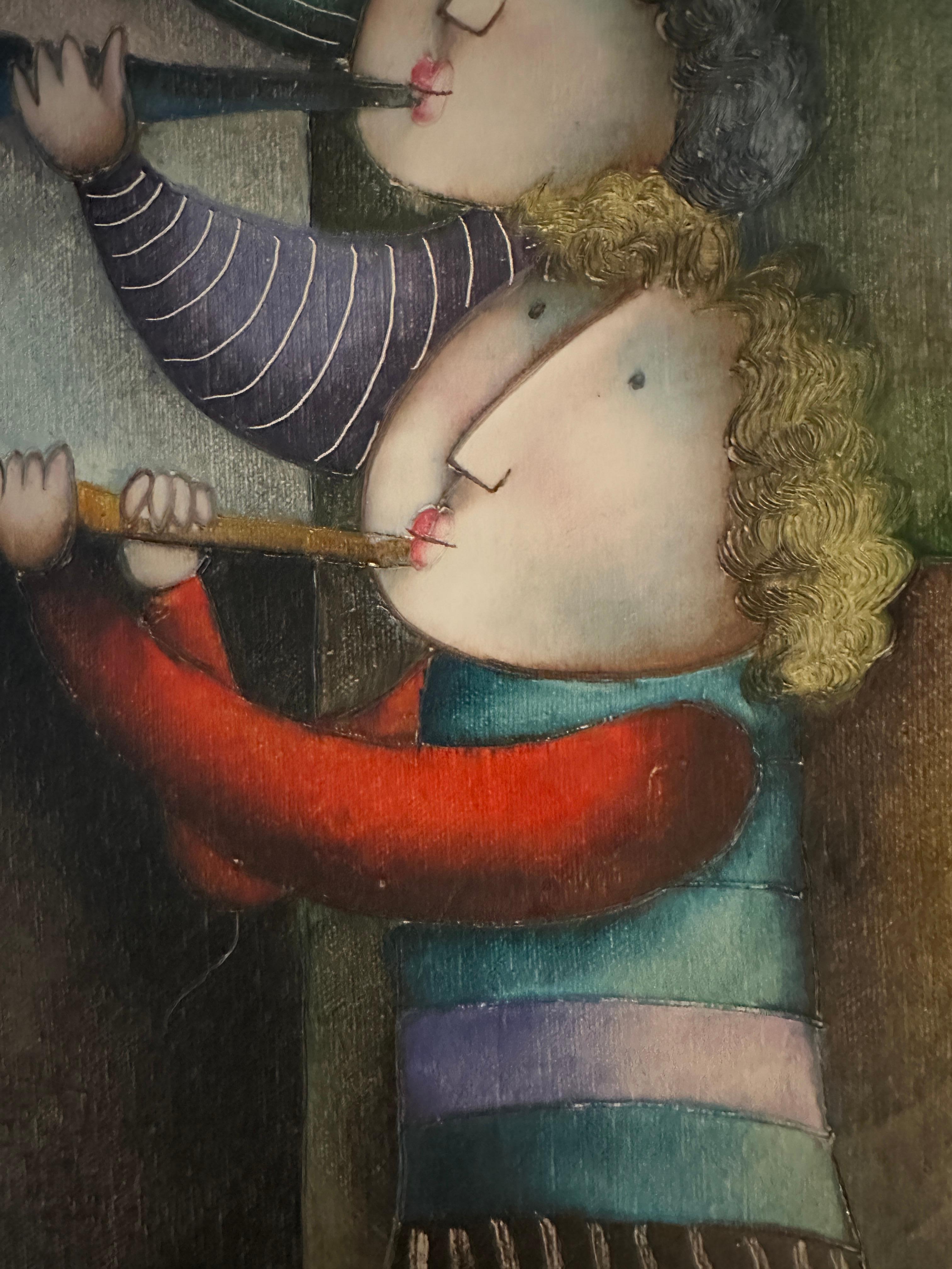 This whimsical and vibrant painting by Joyce Roybal captures her signature style of joyful, childlike wonder. Featuring three stylized figures playing trumpets, the composition is rich in both movement and character. Each figure, with its elongated