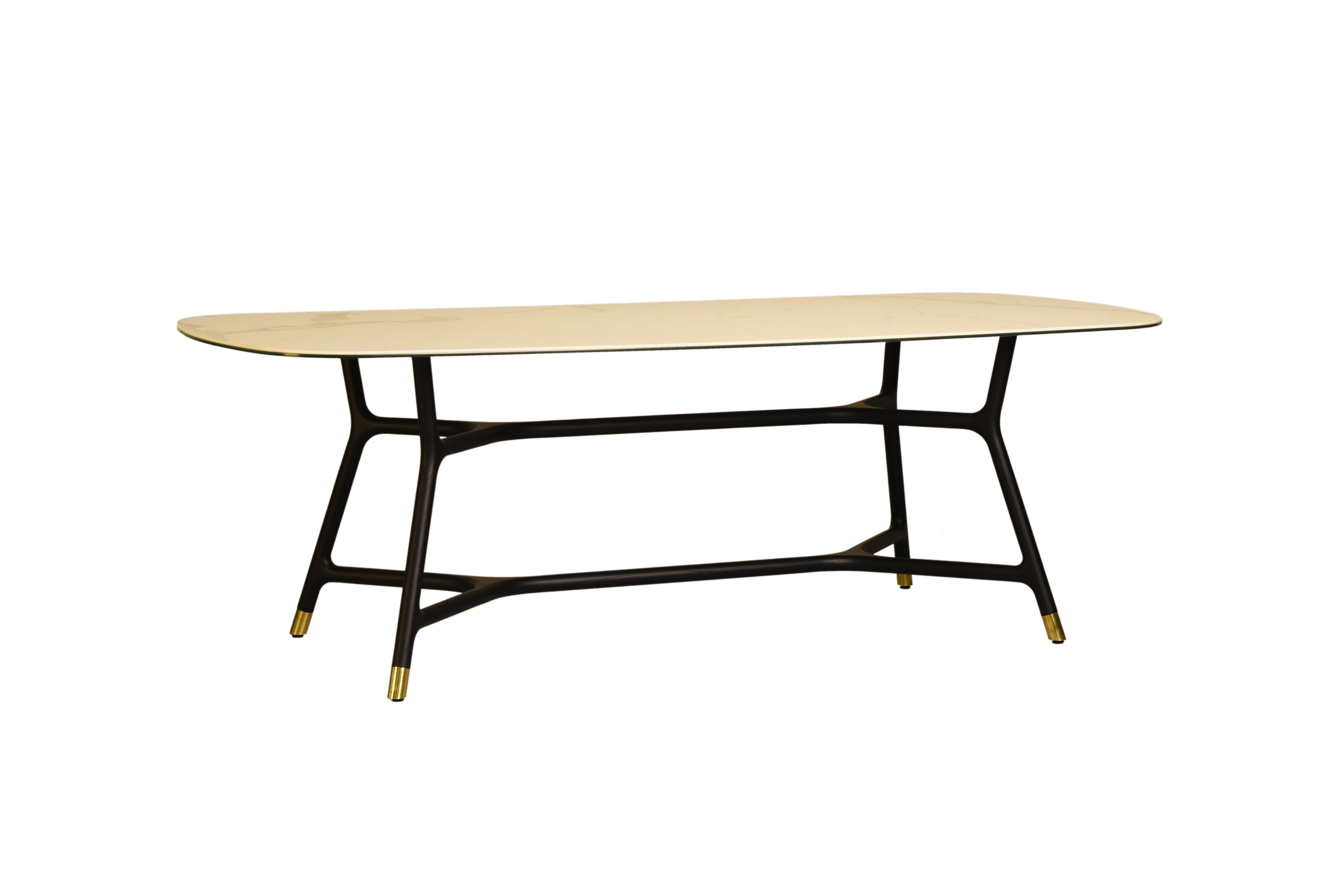 Dining contemporary table made of ashwood, handcrafted, with slim top made of glass and 6mm marble 
Customizable in: wood finish, marble type, dimension.
Made in Italy by Morelato