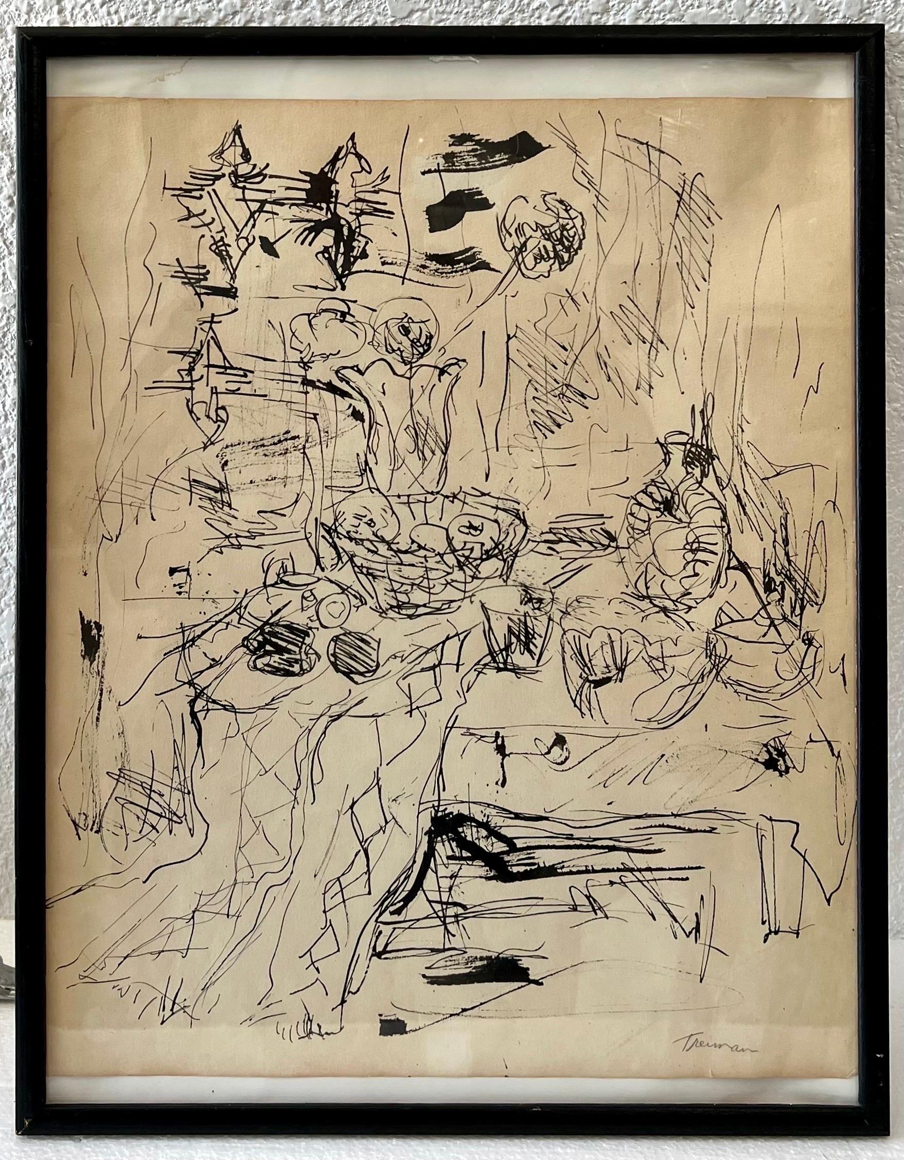 Joyce Treiman
Ink on paper, framed under glass; signed in pencil lower right; 
Dimensions: 16 1/2 x 13 3/4 inches; 18 3/4 x 14 3/4 inches frame.

Joyce Wahl Treiman was an American painter, printmaker, sculptor and teacher. Her work ranged from 