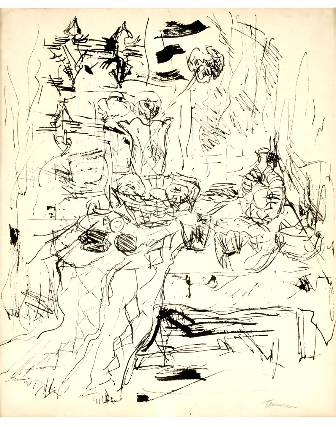 Joyce Treiman
Ink on paper, framed under glass; signed in pencil lower right; 
Dimensions: 16 1/2 x 13 3/4 inches; 18 3/4 x 14 3/4 inches frame.

Joyce Wahl Treiman was an American painter, printmaker, sculptor and teacher. Her work ranged from "the