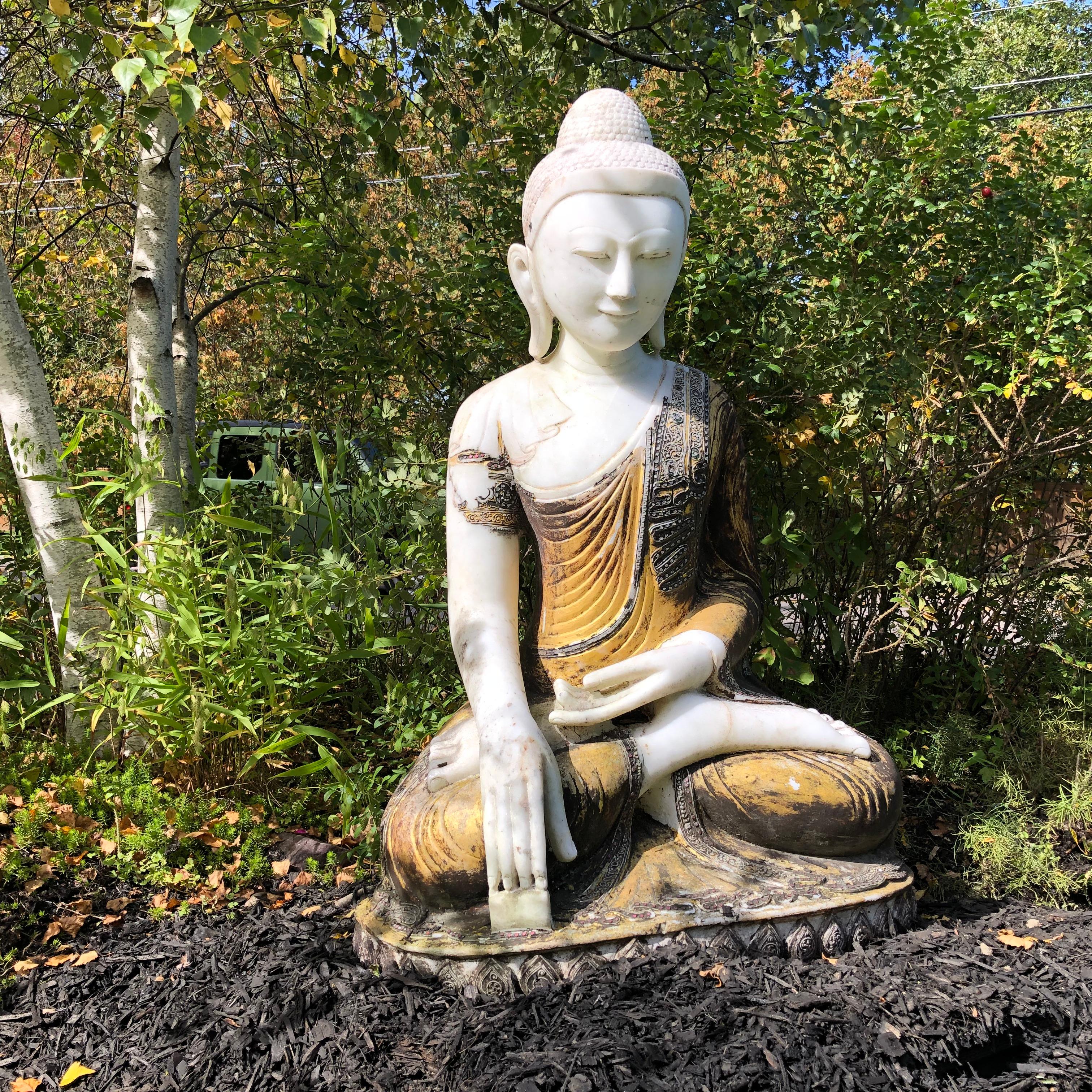 Alabaster Big Old Joyful Seated Garden Buddha 