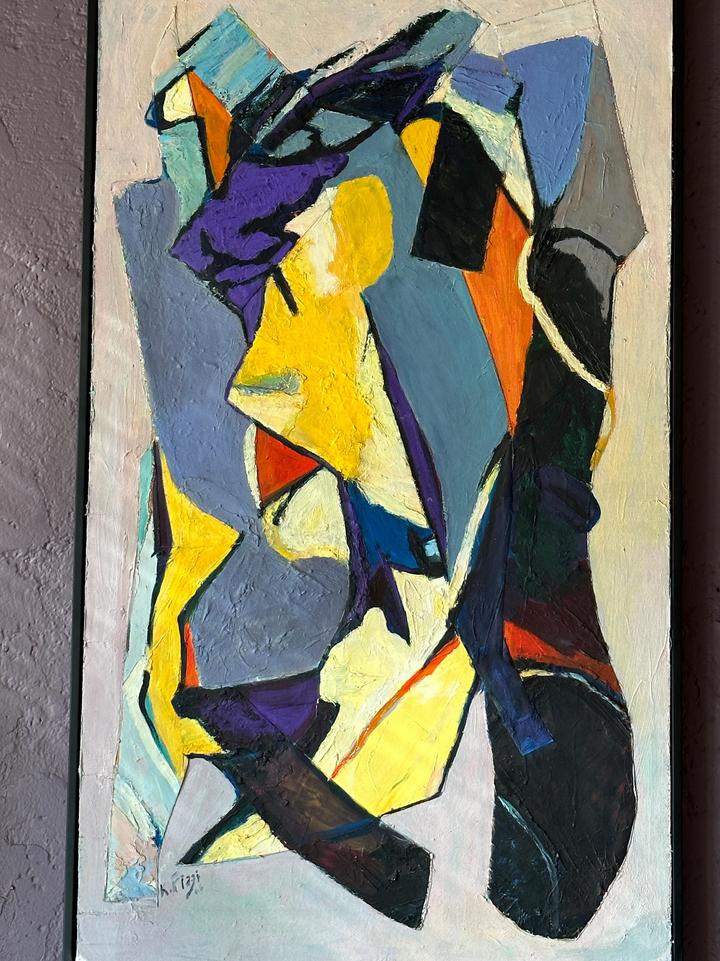 Dans le chef-d'œuvre acrylique abstrait vertical d'Eric Fiazi, une symphonie de couleurs danse sur une toile lilas sereine, capturant l'essence des complexités vibrantes de la vie. Les touches entrelacées de violet, de bleu et de jaune créent une