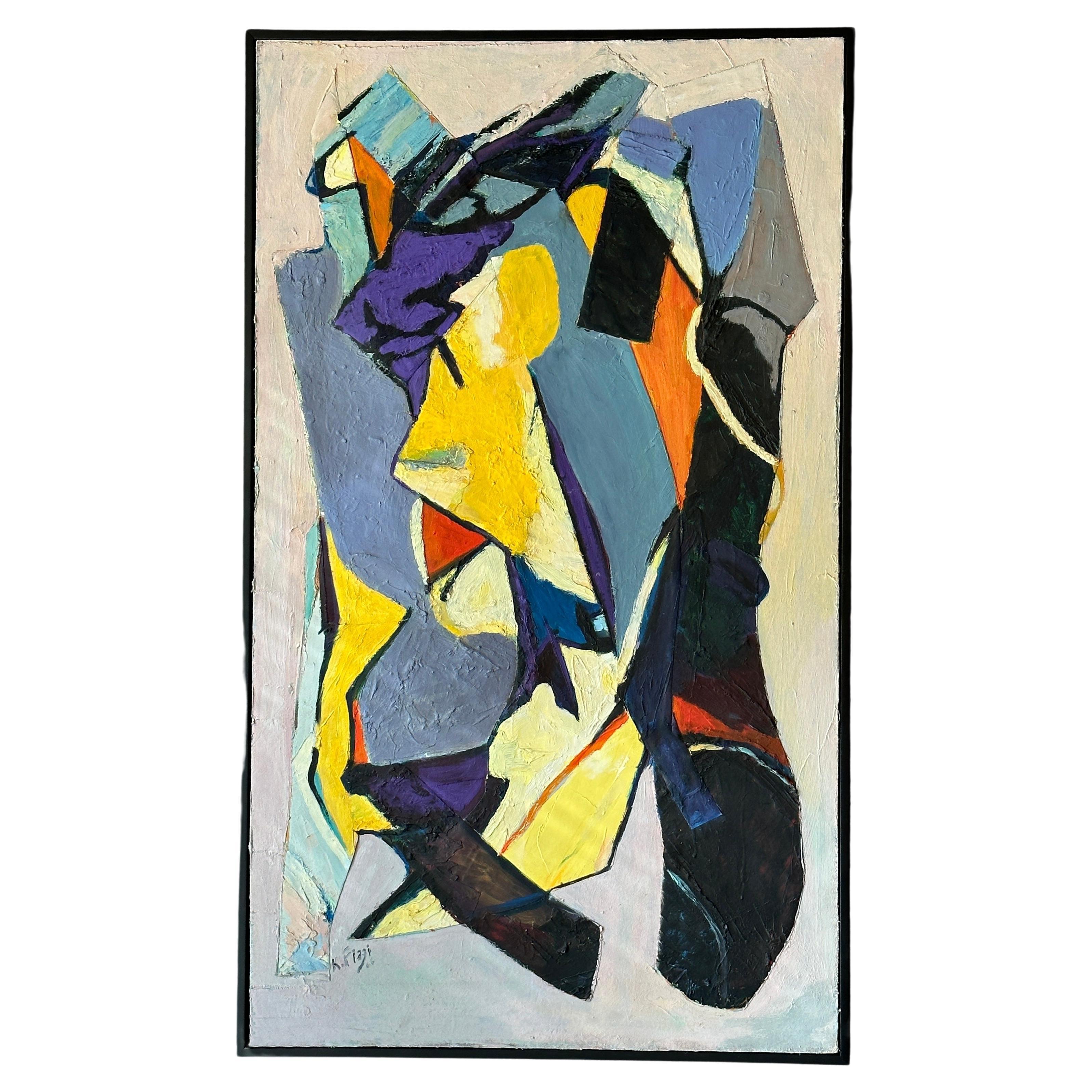 "Joyful Chaos" Peinture abstraite violette, bleue et jaune d'Eric (K) Fiazi en vente