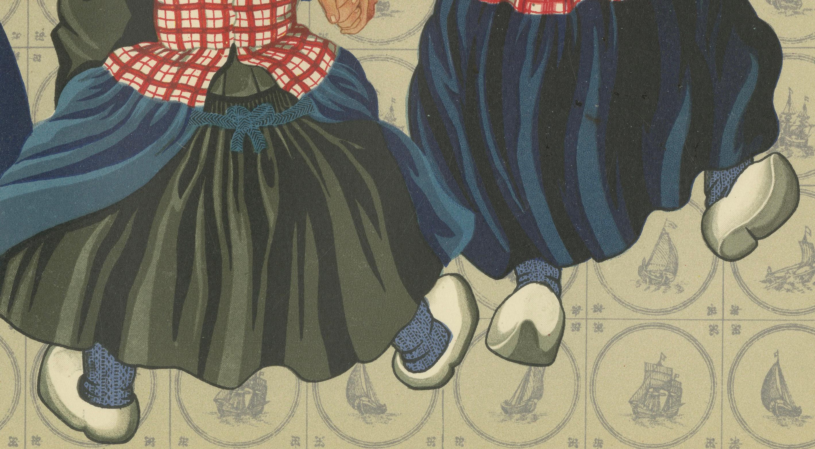 Danse ronde d'enfants joyeux en costume de Spakenburg - Gravure d'art populaire hollandais, 1932 Bon état - En vente à Langweer, NL