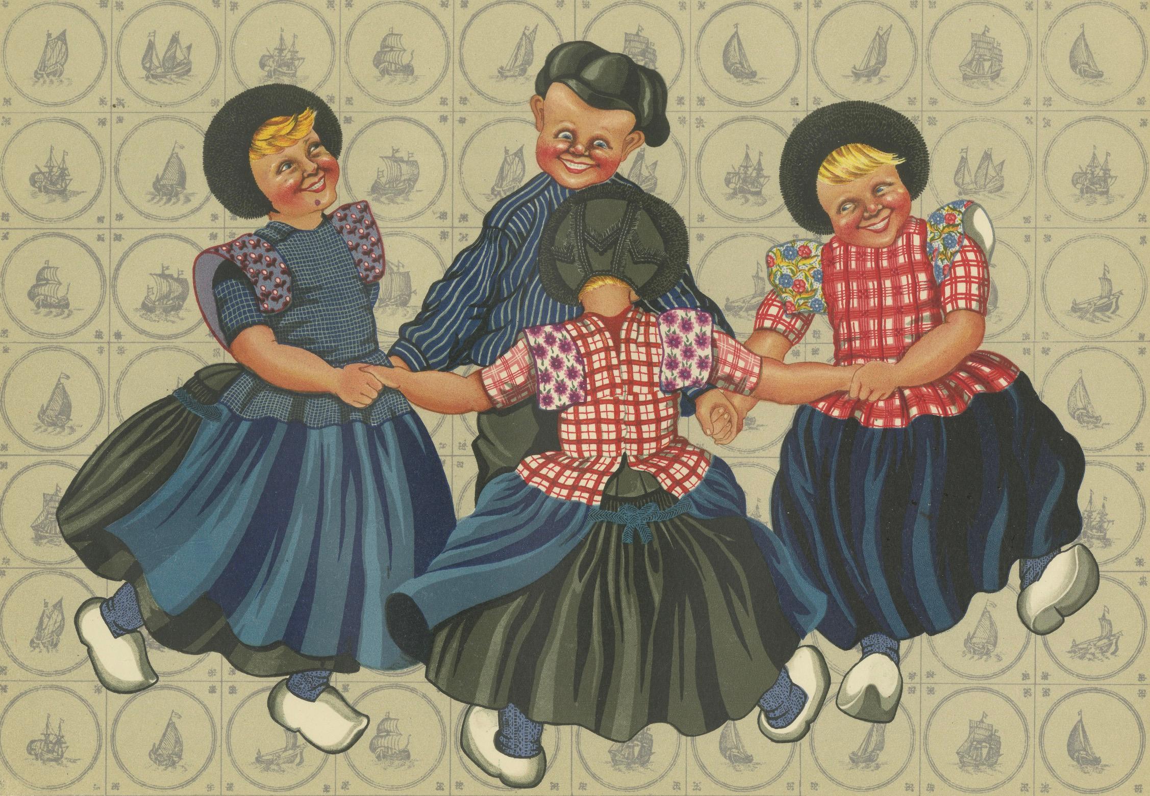 Danse ronde d'enfants joyeux en costume de Spakenburg - Gravure d'art populaire hollandais, 1932 en vente 2