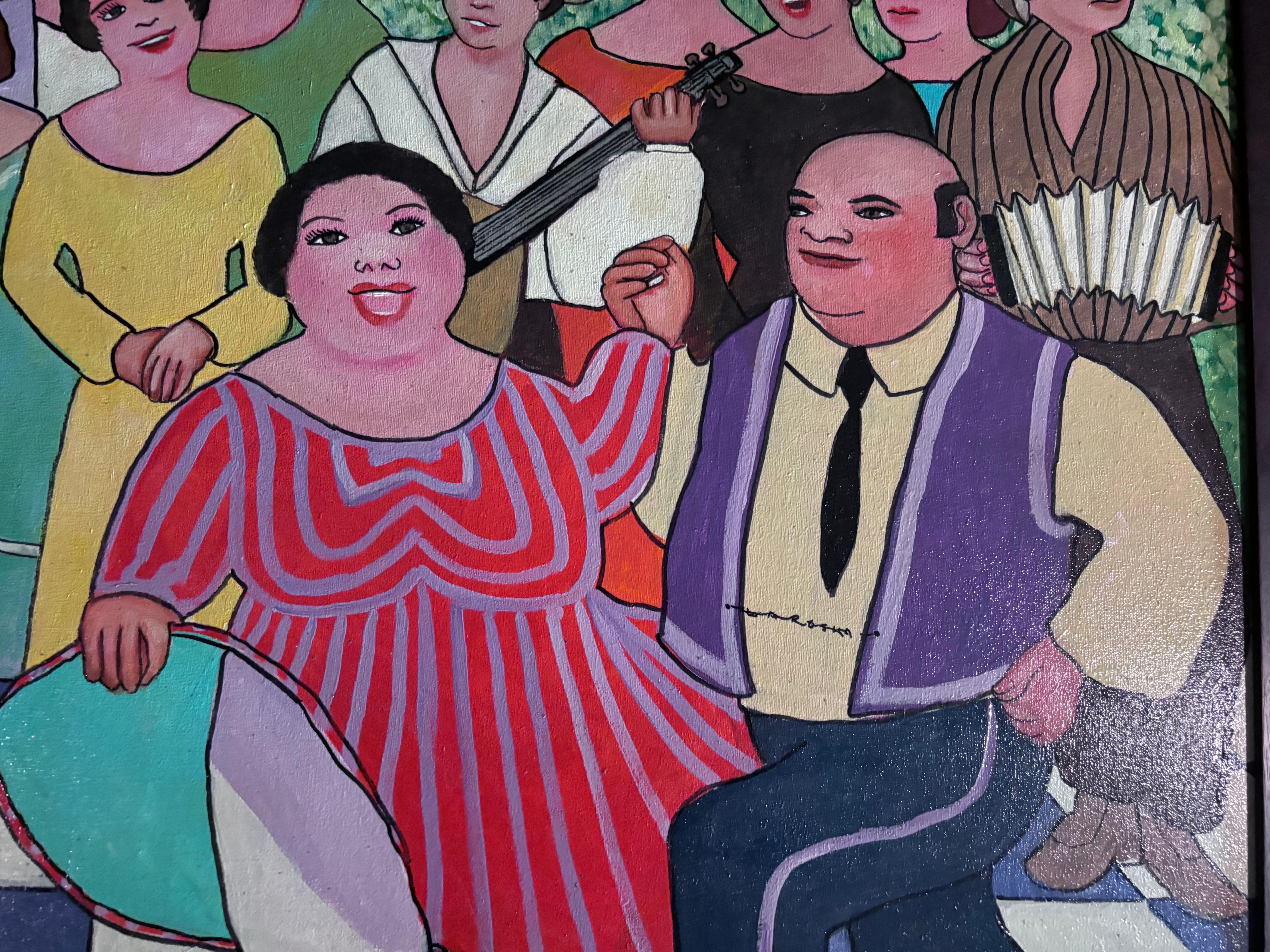 Peint à la main Danseurs joyeux  Peintre autodidacte folkloriste Gloria Laposka, unique en vente