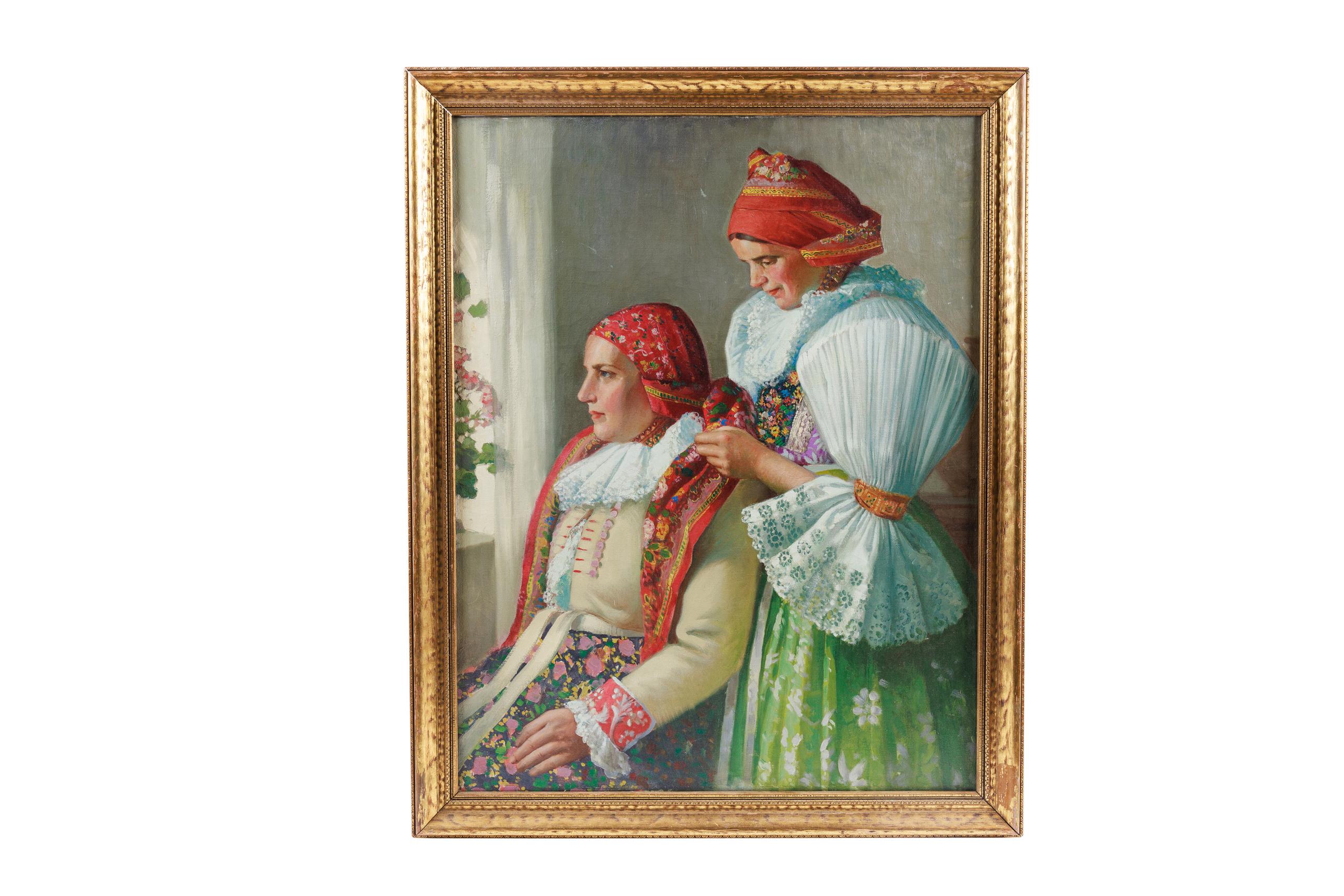 Attribué à Joza Uprka (Tchèque 1861-1940) "Femme slovaque" Une rare peinture à l'huile sur toile

Représentation de deux femmes tchécoslovaques en tenue traditionnelle, l'une aidant l'autre à mettre son foulard, peinte de façon réaliste avec des