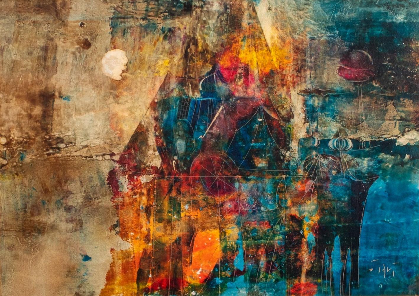 Joze Horvat Jaki (slowenisch, 1930-2009) Surrealistische Mischtechnik ohne Titel, signiert unten rechts, in einem Holzrahmen mit vergoldeter Holzleiste, mit einer abstrahierten Stadtlandschaft. Bild: 13,5