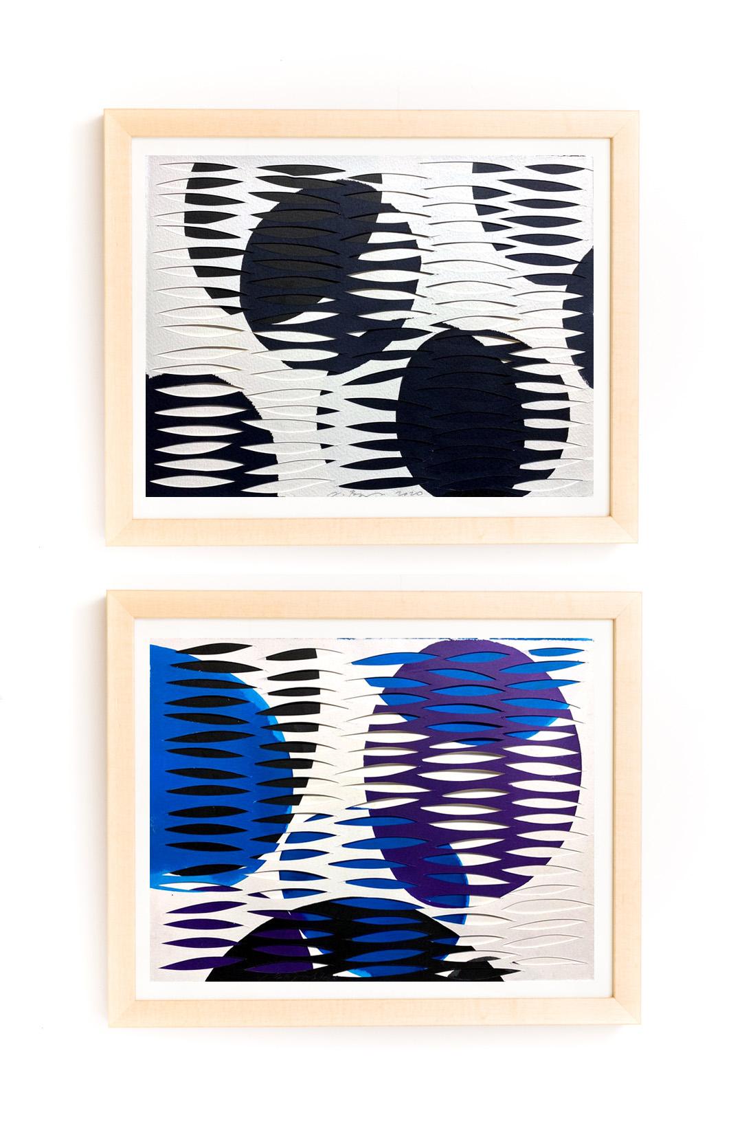 Jozef Bajus Abstract Sculpture - Pair of Dynamic Multi Layer Assemblage Cut Paper Painting Mixed Media American  