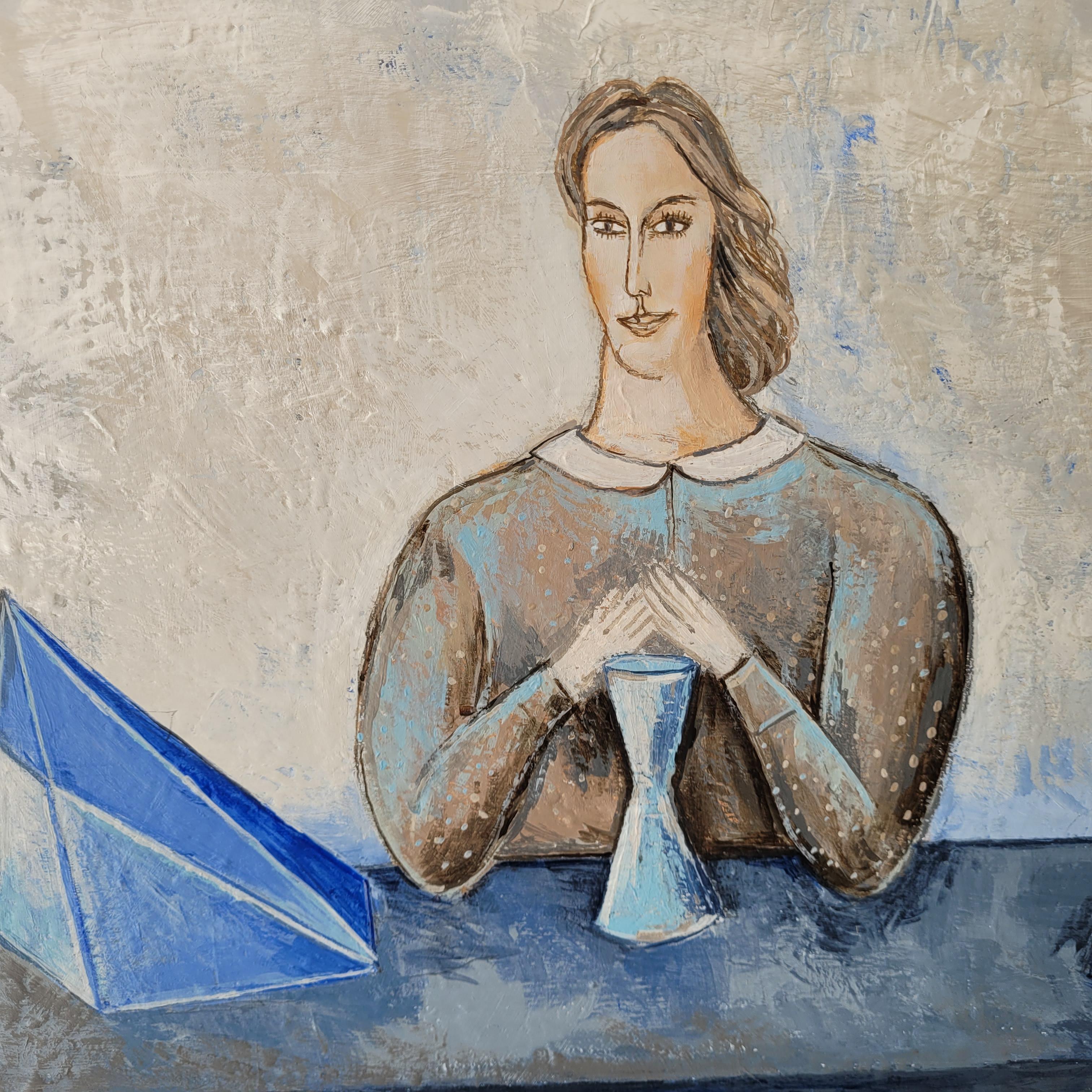 Un Ritual - Siglo XXI, Pintura Acrílica Figurativa Contemporánea, Color Azul en venta 8