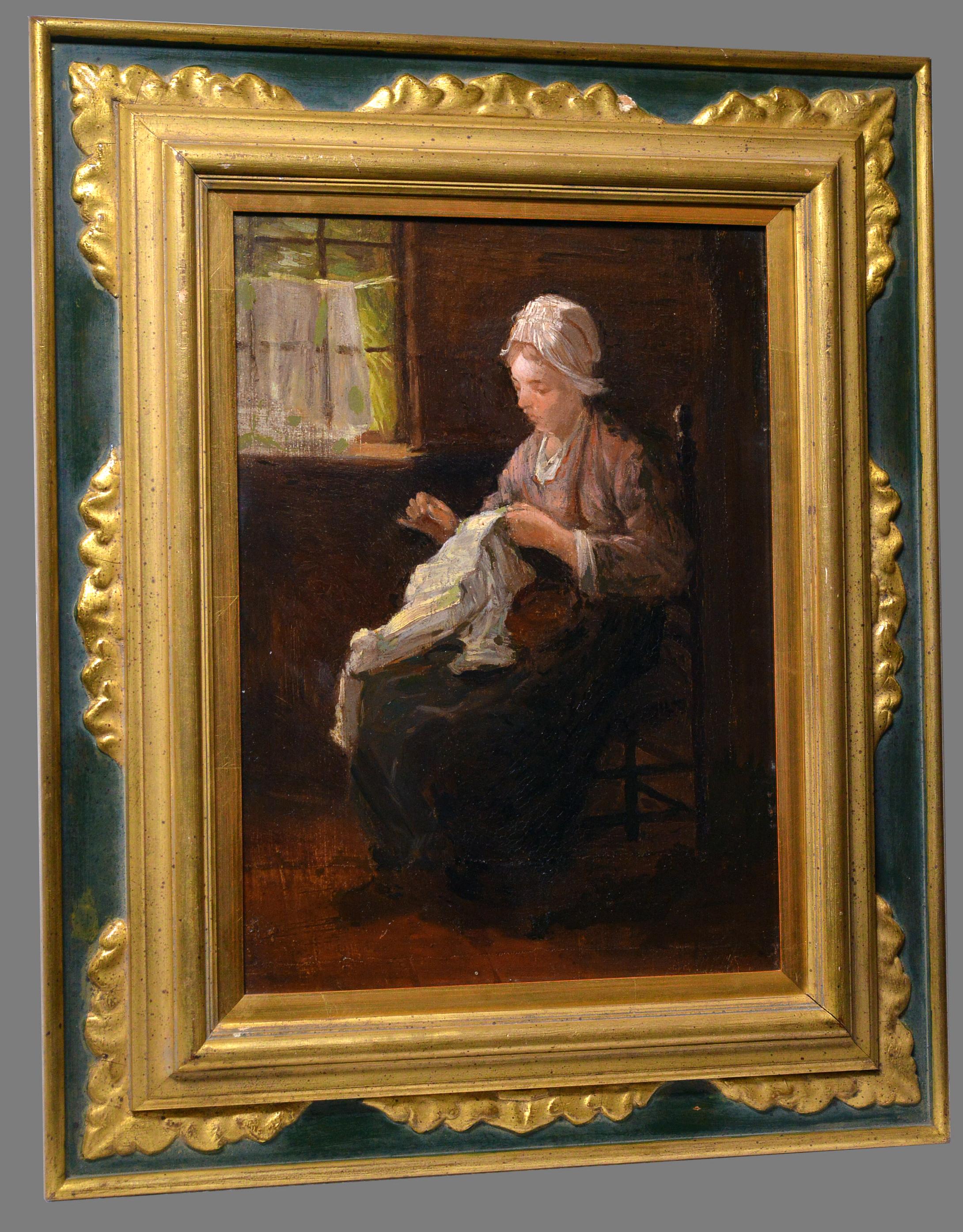 Dutch interior scene Peasant girl sewing 19th century Oil painting - Painting by Israëls, Jozef
