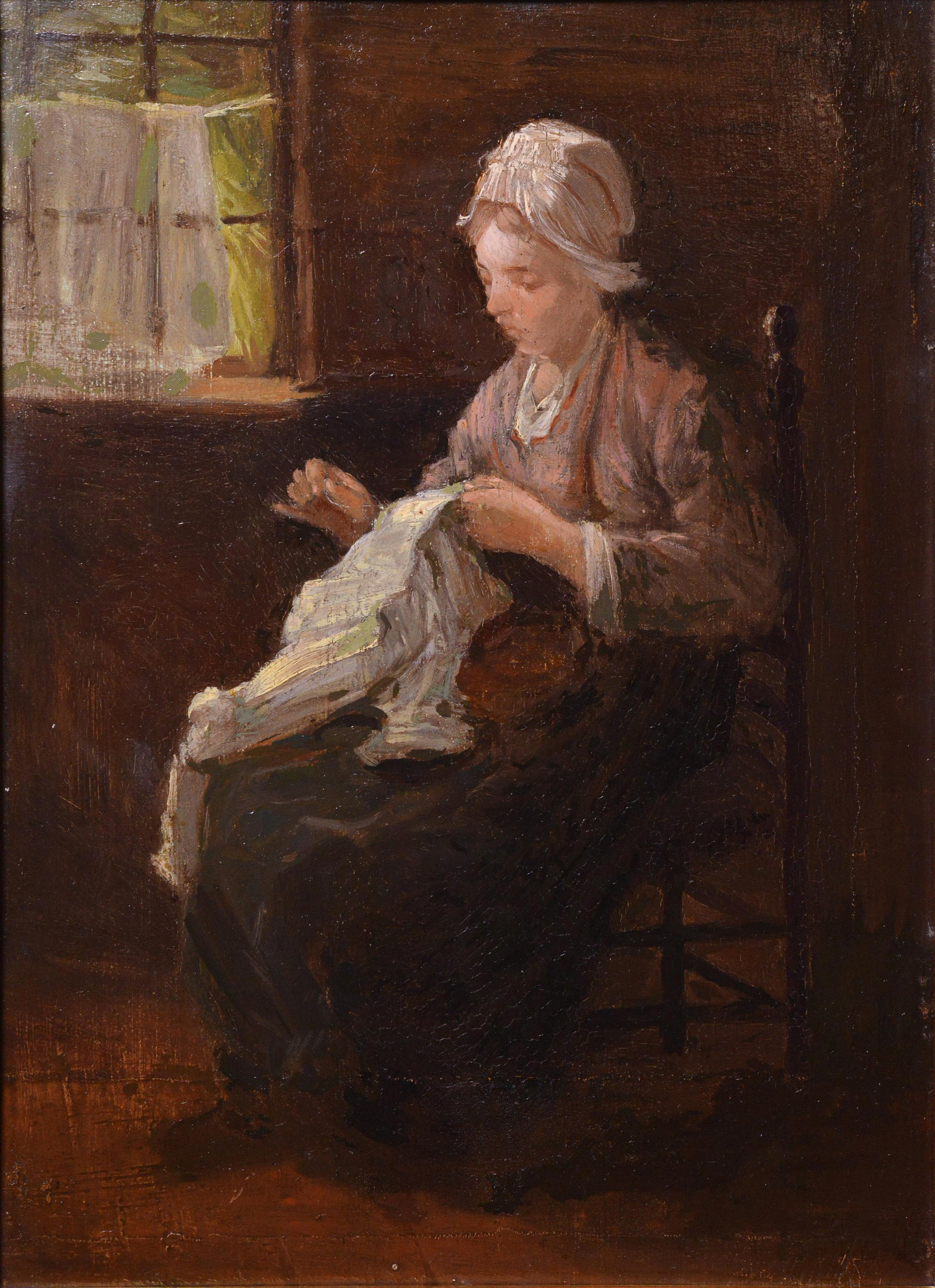 Niederländische Interieur-Szene Bauern Mädchen nähen, 19. Jahrhundert, Ölgemälde (Niederländische Schule), Painting, von Israëls, Jozef