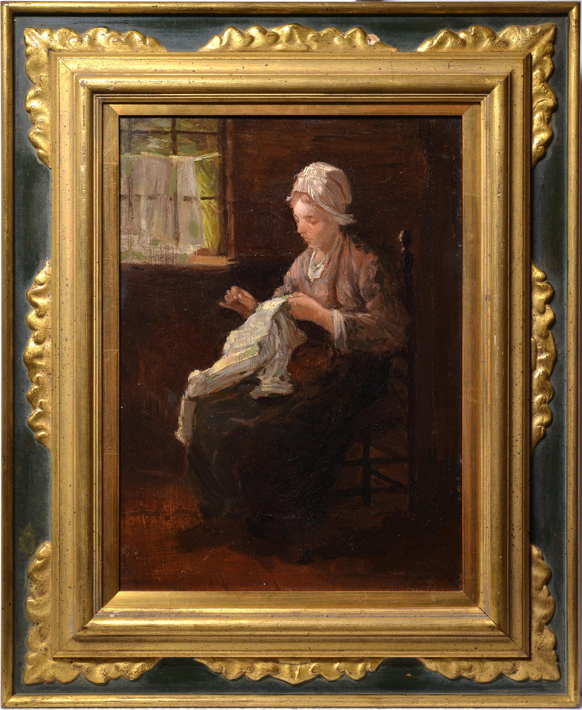 Dutch interior scene Peasant girl sewing 19th century Oil painting