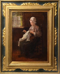 Antique Dutch interior scene Peasant girl sewing 19th century Oil painting