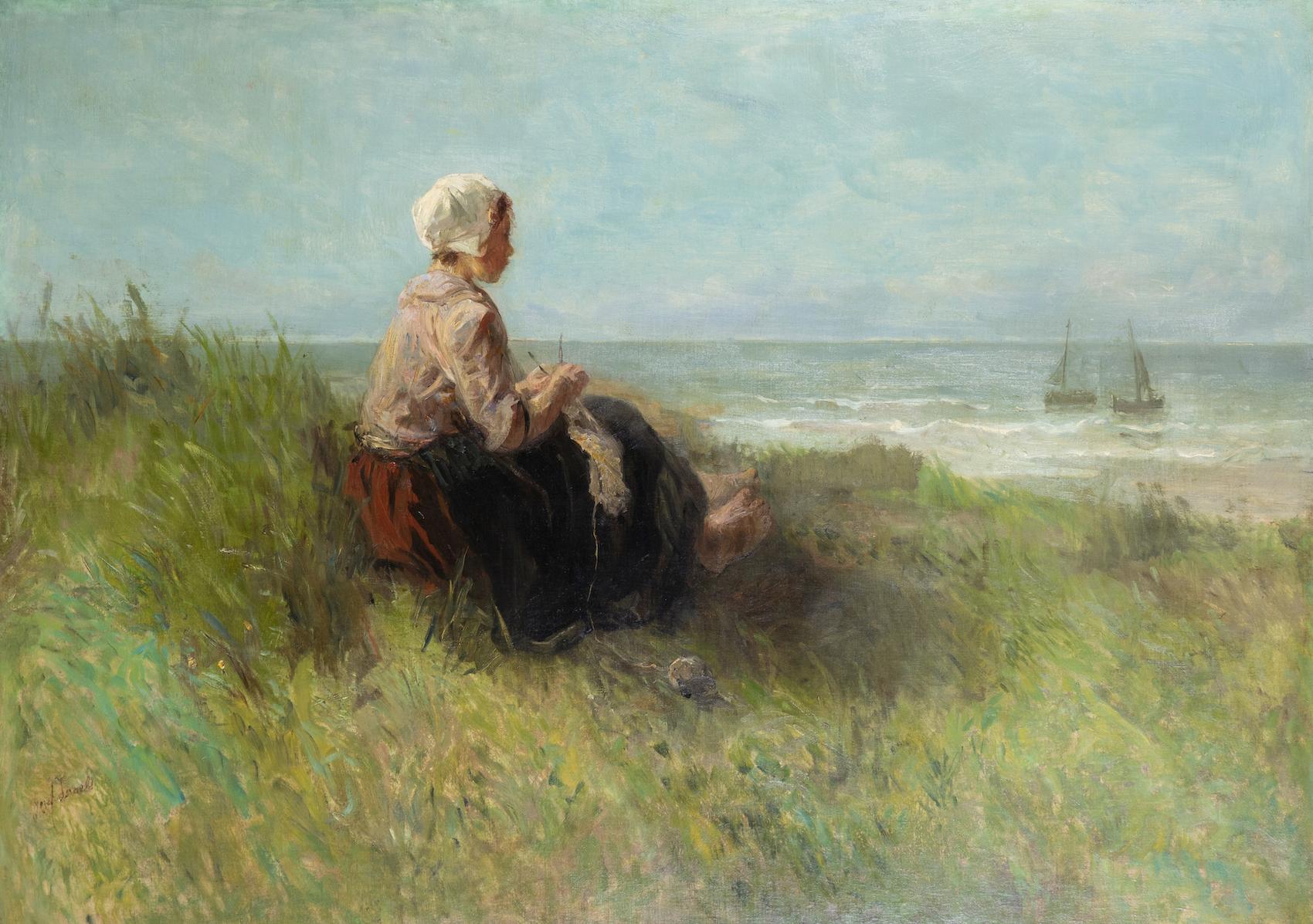 Waiting de Jozef Israls - Peinture à l'huile de paysage