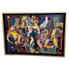 Jozef Popczyk Cubist Art Deco Painting Female Forms of Geometric Shapes