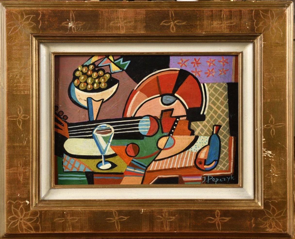 Jozef Popczyk Cubist Art Deco Painting Still Life oil on poster board. Joseph Popczyk Polish artist known for his vivid palette and love of Cubism, and in this case, the chevrons and wavy patterns of Art Deco can also be detected. The artist was