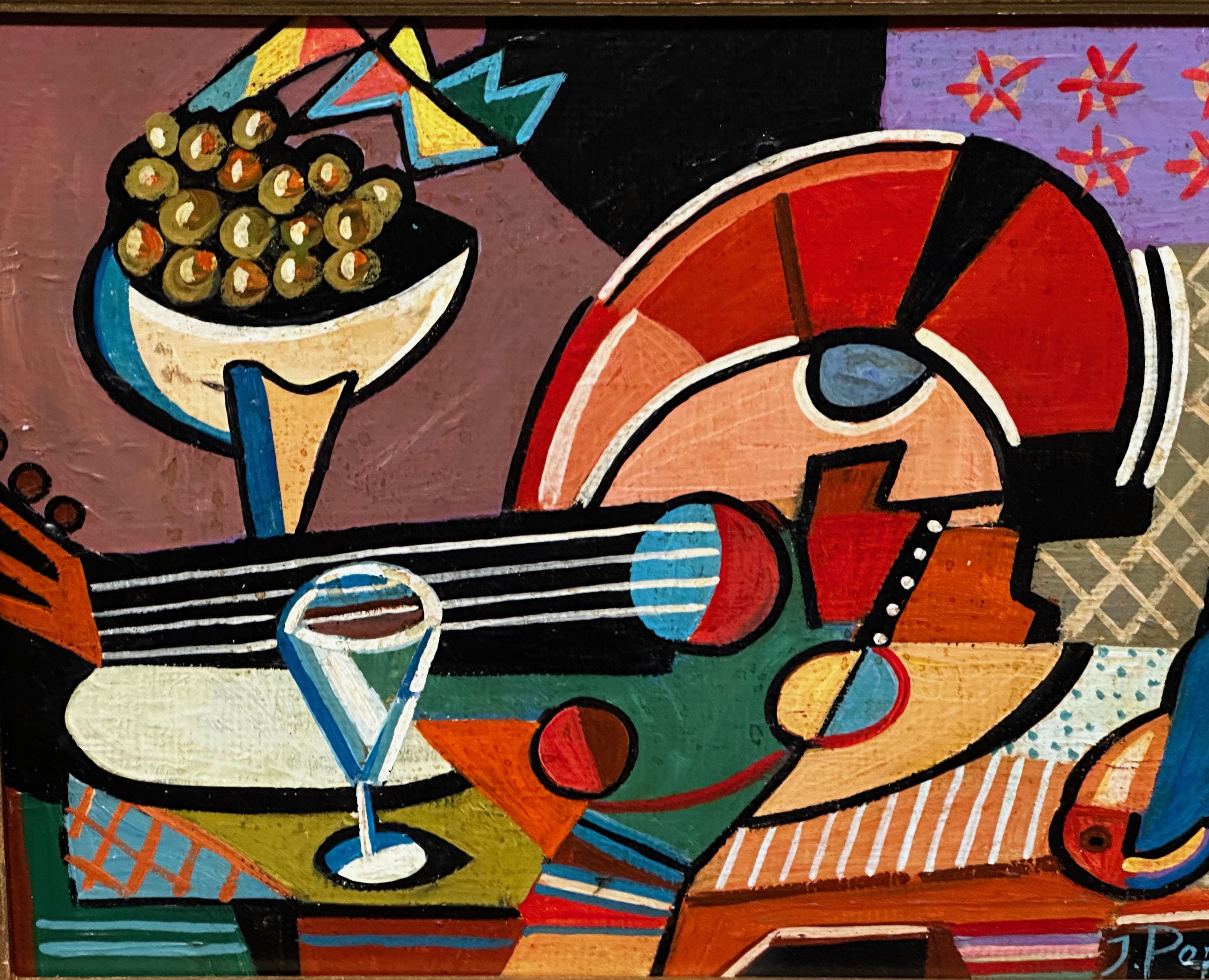 Jozef Popczyk Cubist Art Deco Painting Still Life In Good Condition For Sale In Oakland, CA