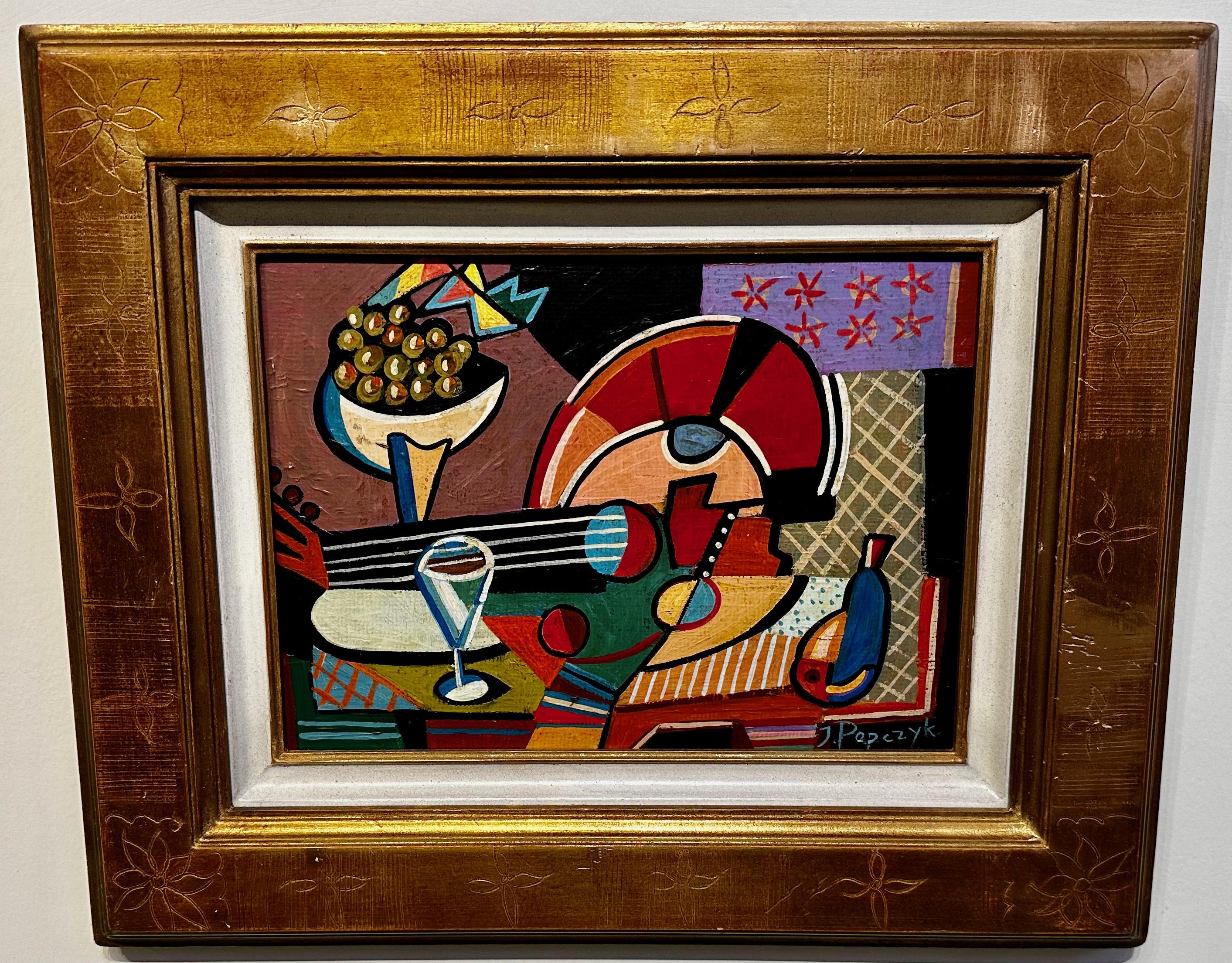 Jozef Popczyk Cubist Art Deco Painting Still Life In Good Condition For Sale In Oakland, CA