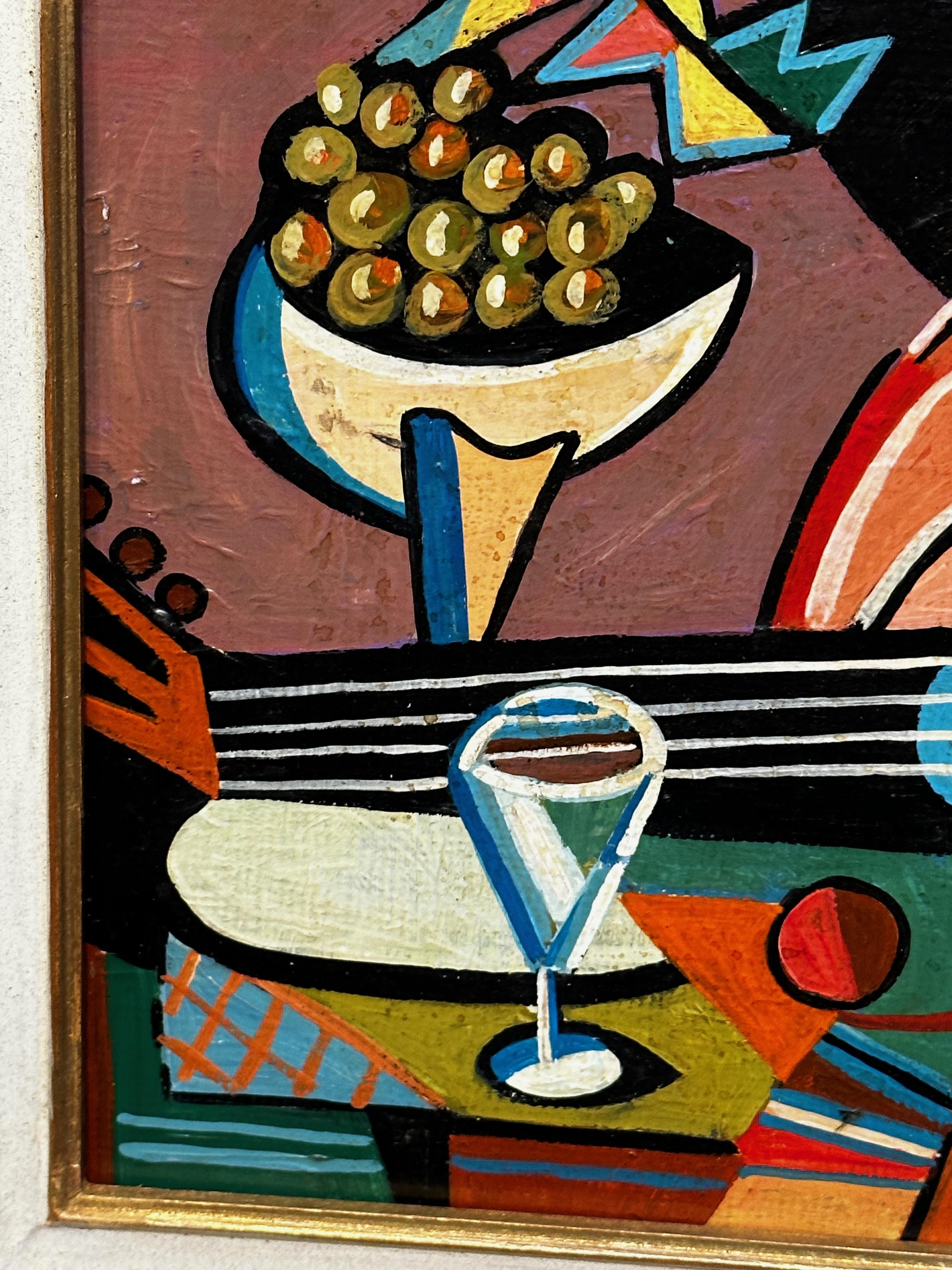 Wood Jozef Popczyk Cubist Art Deco Painting Still Life For Sale