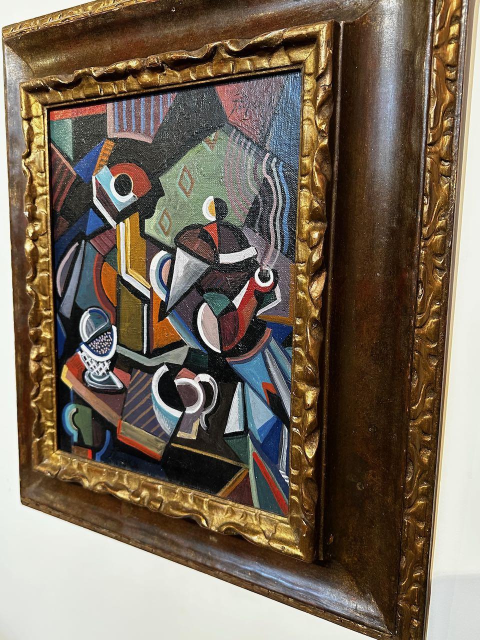 Jozef Popczyk Cubist Art Deco Painting Still Life Original Frame In Good Condition In Oakland, CA