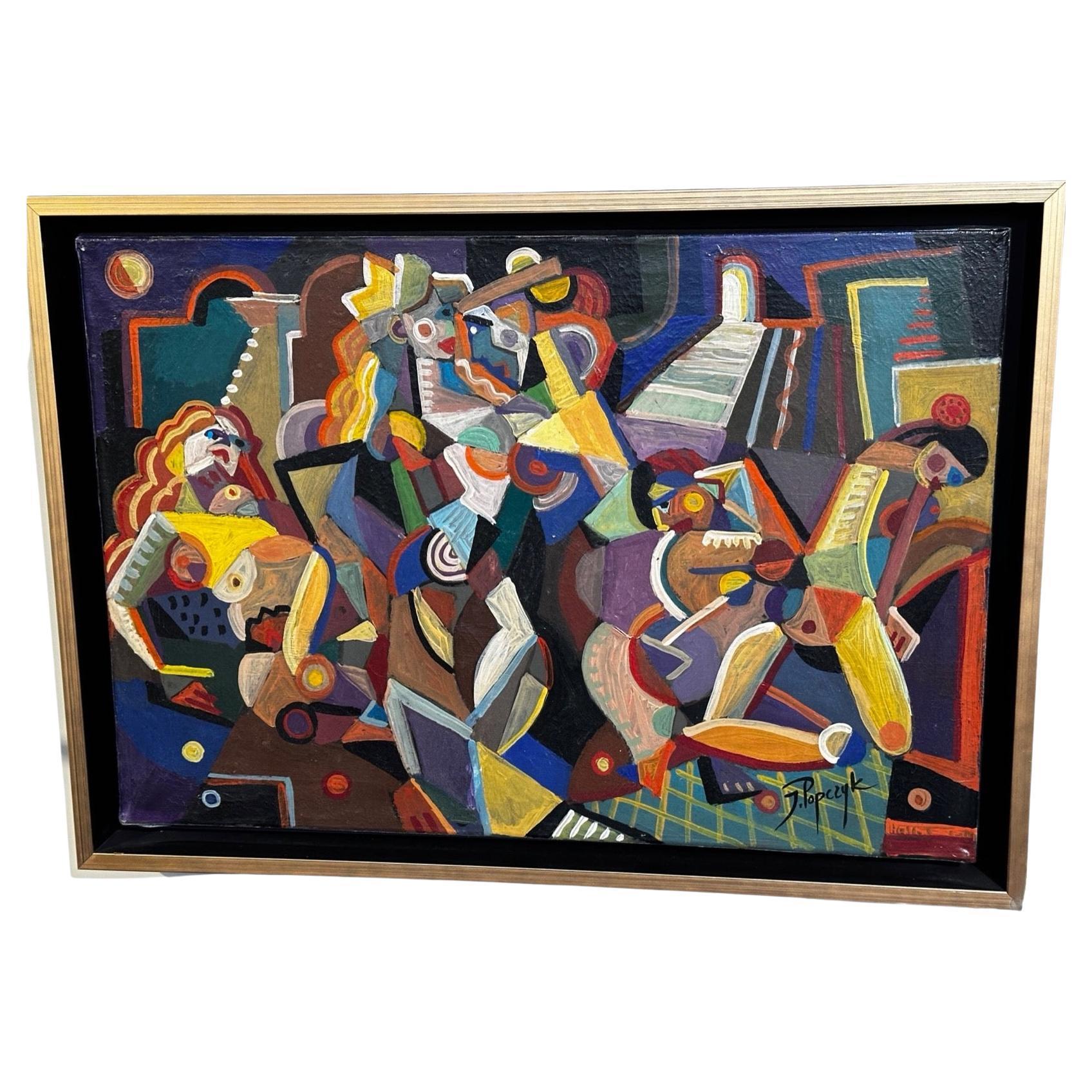Jozef Popczyk, Cubist Art Deco Painting Female Forms of Geometric Shapes. Joseph Popczyk is a Polish artist known for his vivid palette and love of Cubism. In this case, the chevrons and wavy patterns of Art Deco can also be detected. The artist was