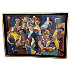 Vintage Jozef Popczyk Cubist Art Deco Painting Female Forms of Geometric Shapes
