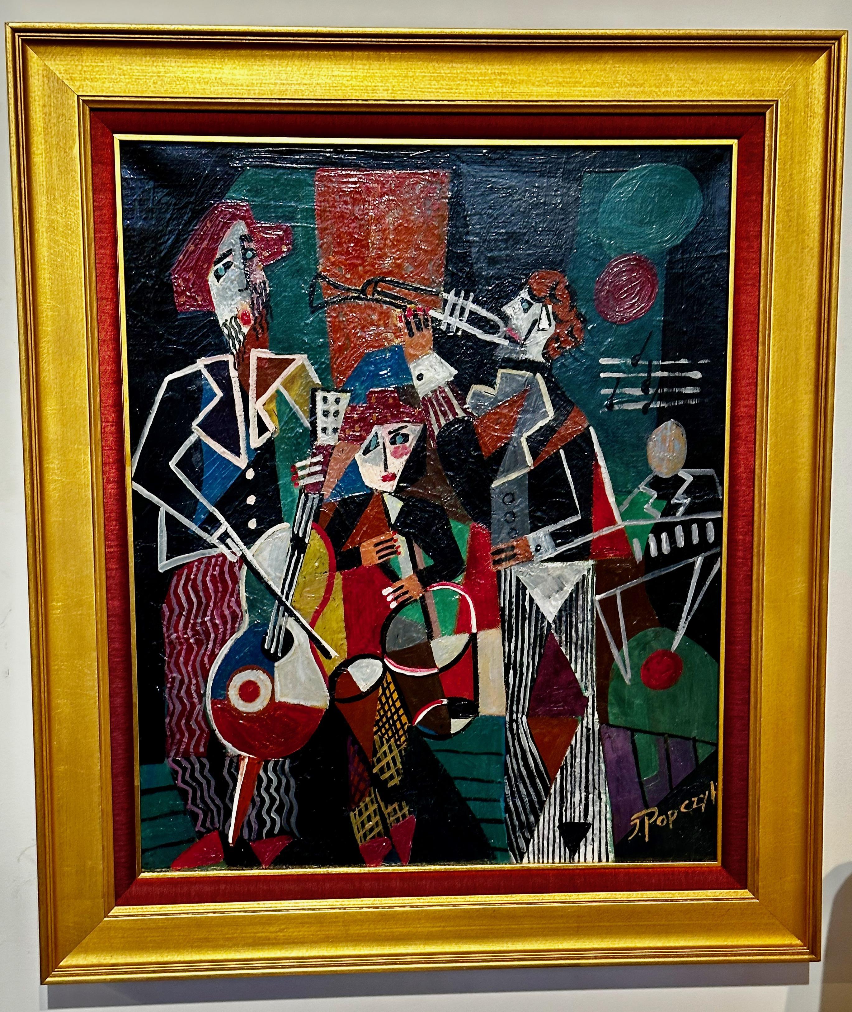 Jozef Popczyk Cubist Art Deco Painting Music Group For Sale 3