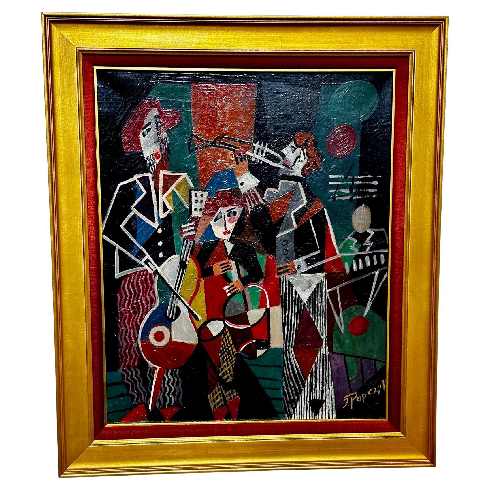 Jozef Popczyk Cubist Art Deco Painting Music Group oil on canvas.  Joseph Popczyk Polish artist known for his vivid palette and love of Cubism, and in this case, the chevrons and wavy patterns of Art Deco can also be detected. Like many of his