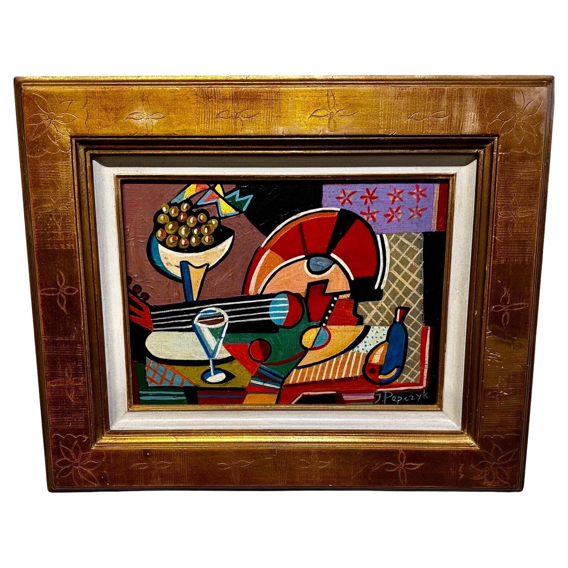 Jozef Popczyk Cubist Art Deco Painting Still Life oil on poster board. Joseph Popczyk is a Polish artist known for his vivid palette and love of Cubism, and in this case, the chevrons and wavy patterns of Art Deco can also be detected. Like many of
