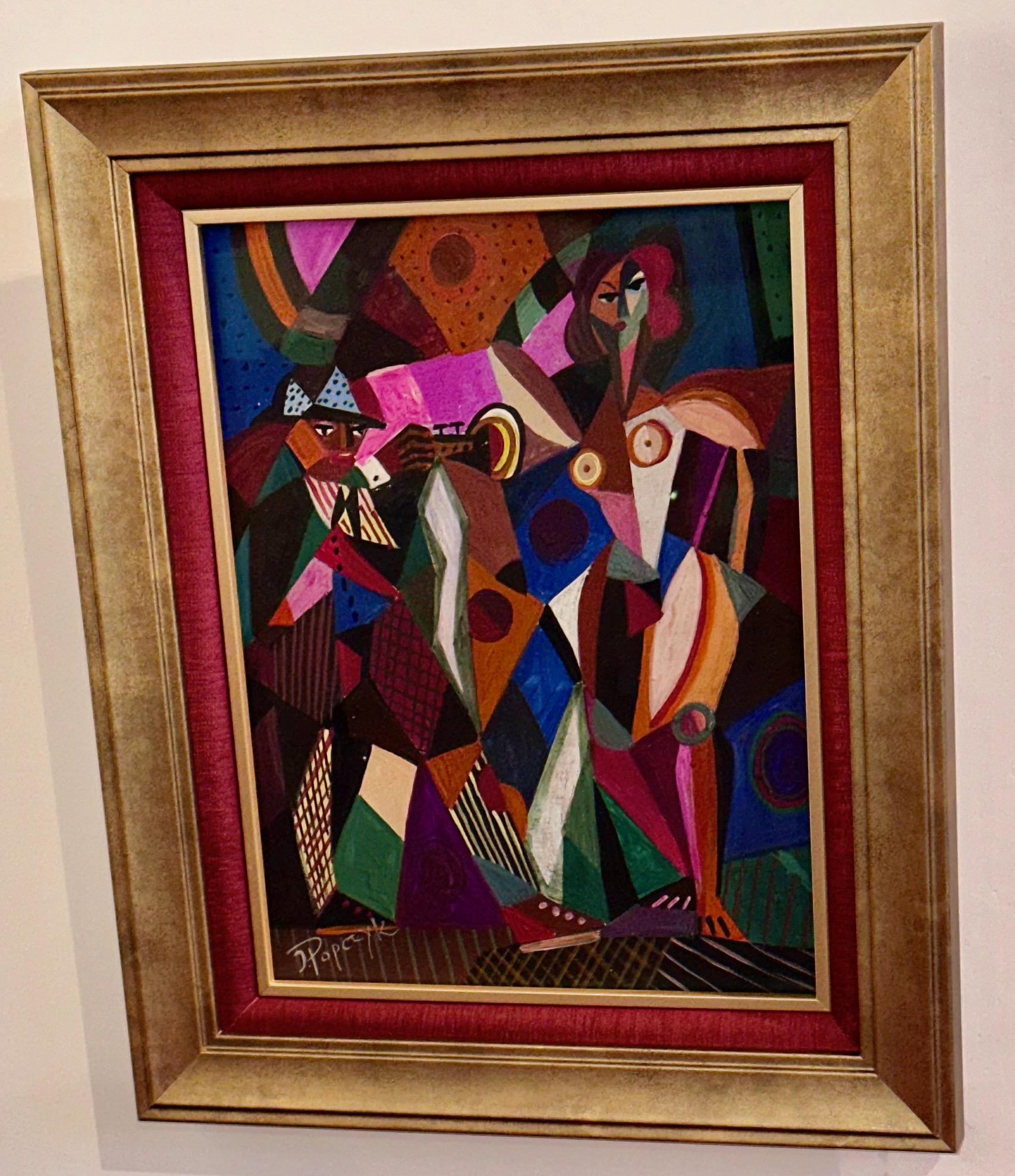 Jozef Popczyk, a Polish artist known for his vibrant palette and affinity for Cubism, demonstrates his skill in blending Cubist and Art Deco styles in this oil painting on paper. Like many of his contemporaries, Popczyk was born in Poland and was