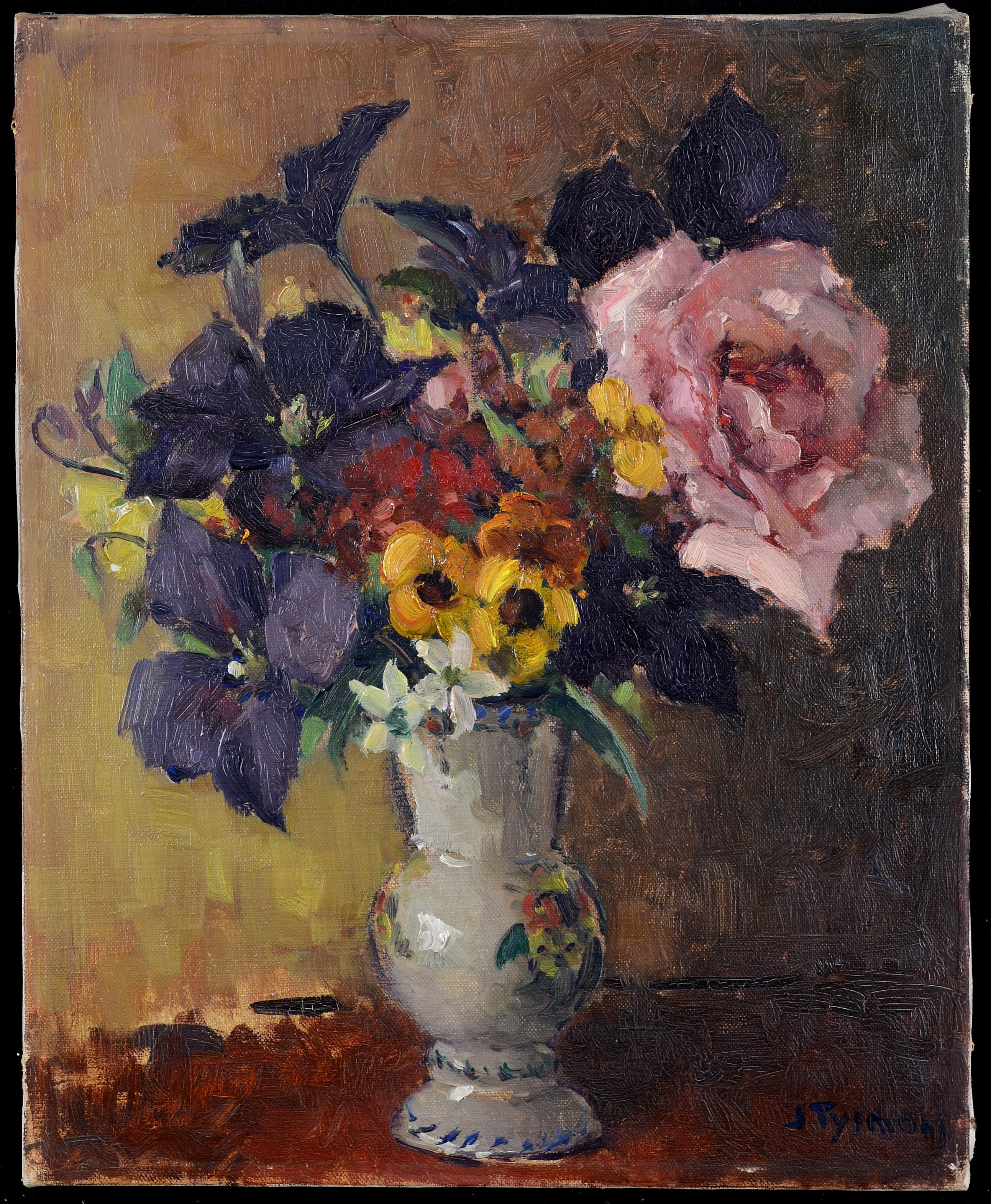 Fiori in un vaso - Dipinto impressionista belga antico dei primi del Novecento - Painting di Jozef Tysmans