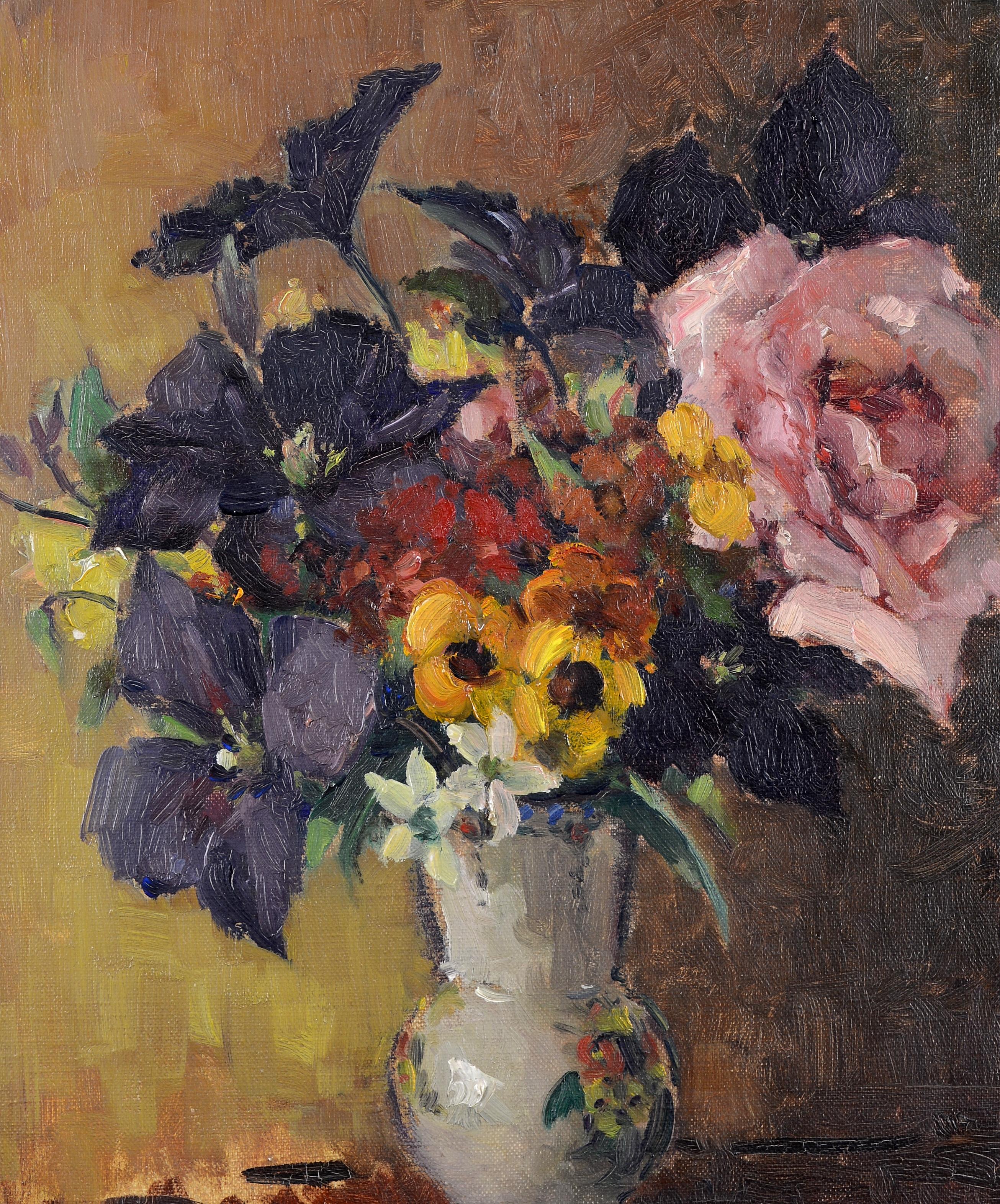 Fiori in un vaso - Dipinto impressionista belga antico dei primi del Novecento - Still-Life Painting Nero di Jozef Tysmans