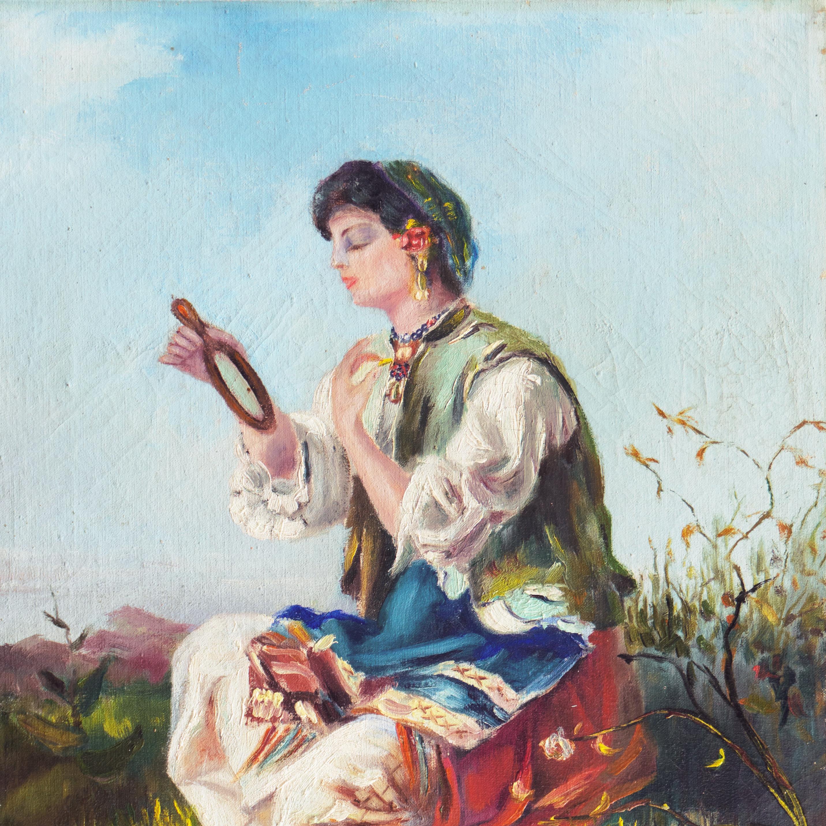 « Jeune femme assise », huile figurative hongroise, Académie Julian, Académie de Genève - Gris Figurative Painting par Jozsef Biro