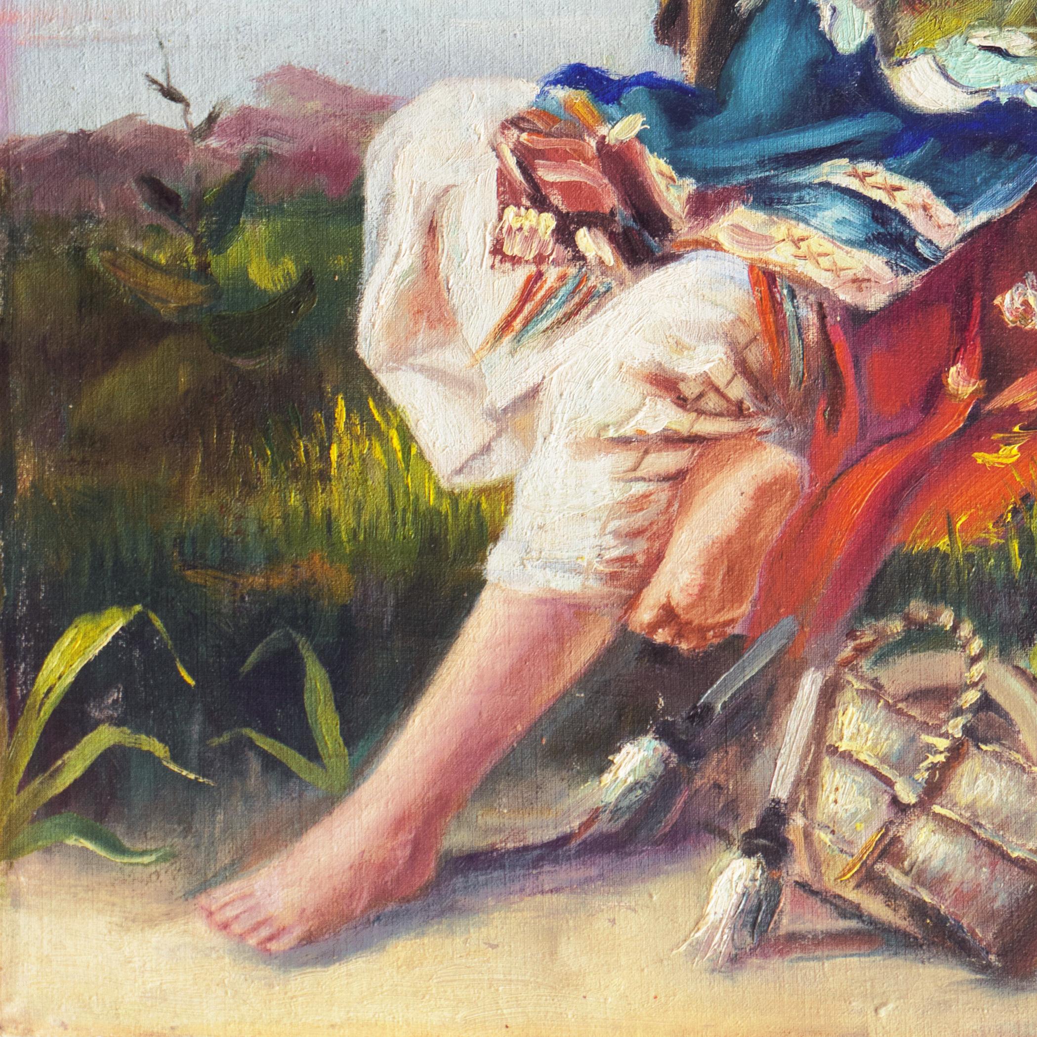 Étude figurative du début du XXe siècle montrant une jeune femme finement vêtue, assise dans la campagne et admirant son collier dans un miroir à main. 

Signée en bas à droite 