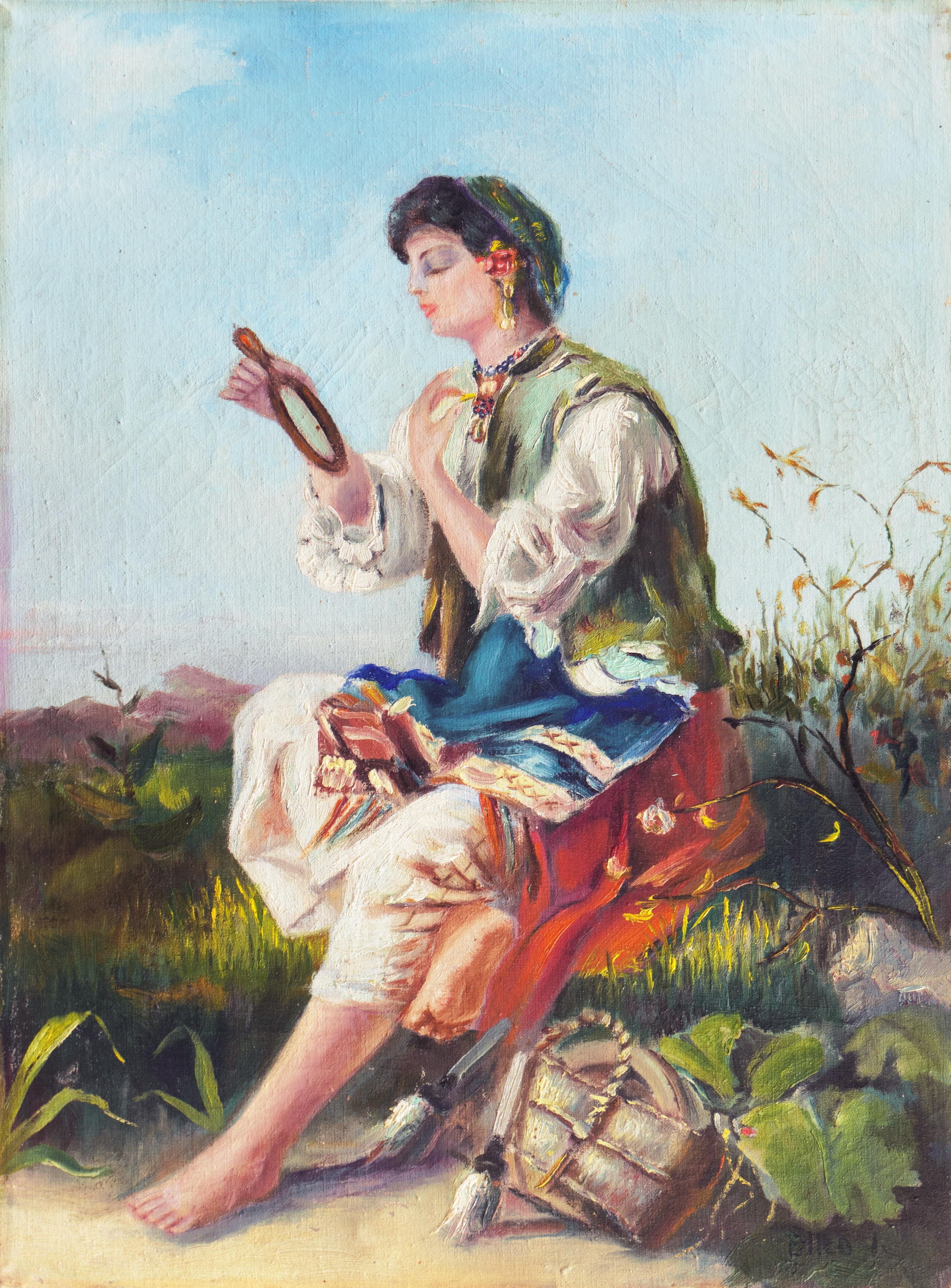 Figurative Painting Jozsef Biro - « Jeune femme assise », huile figurative hongroise, Académie Julian, Académie de Genève