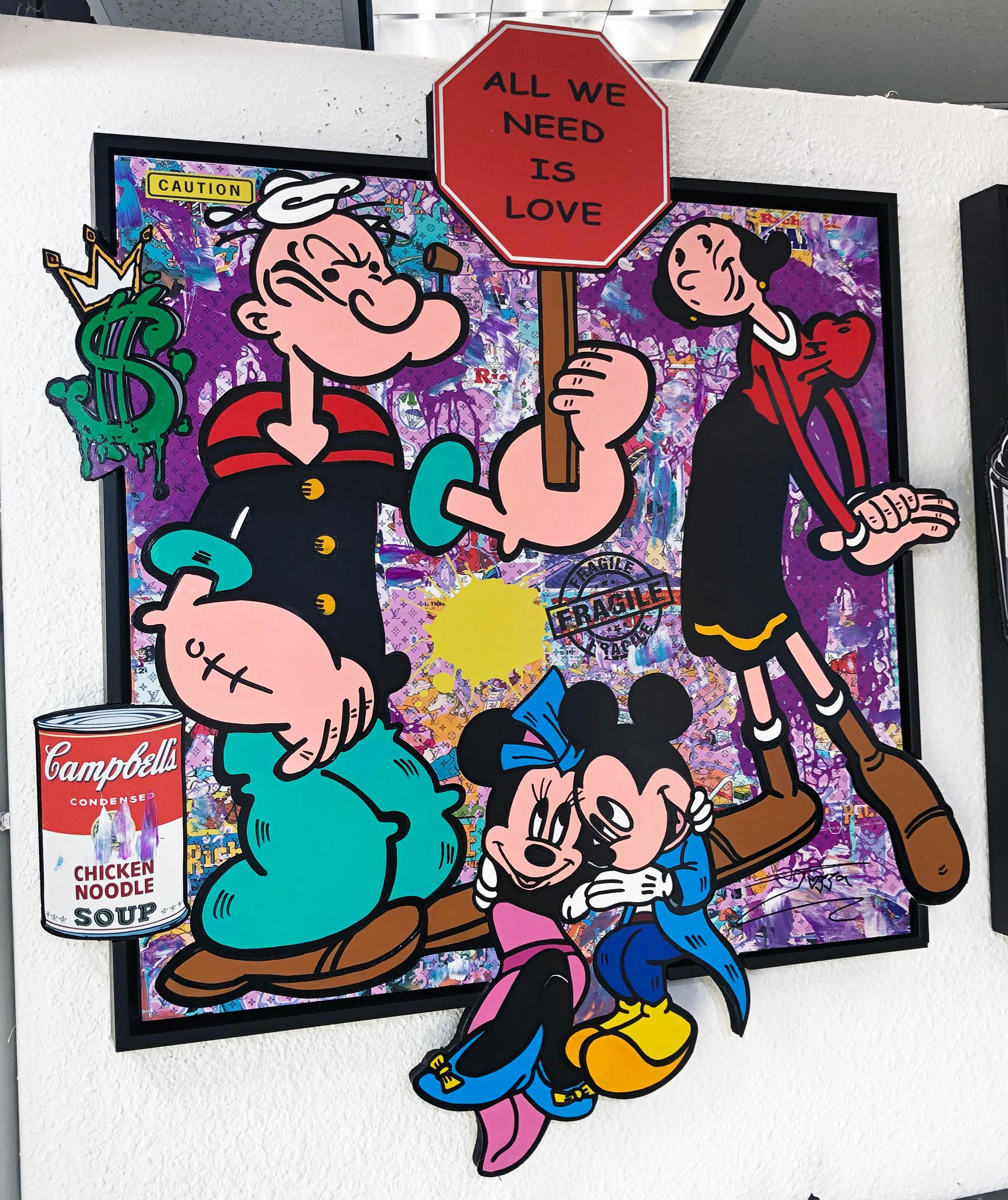 All We Need is Love (Popeye Mickey Mini), originale su alluminio fustellato - Painting di Jozza