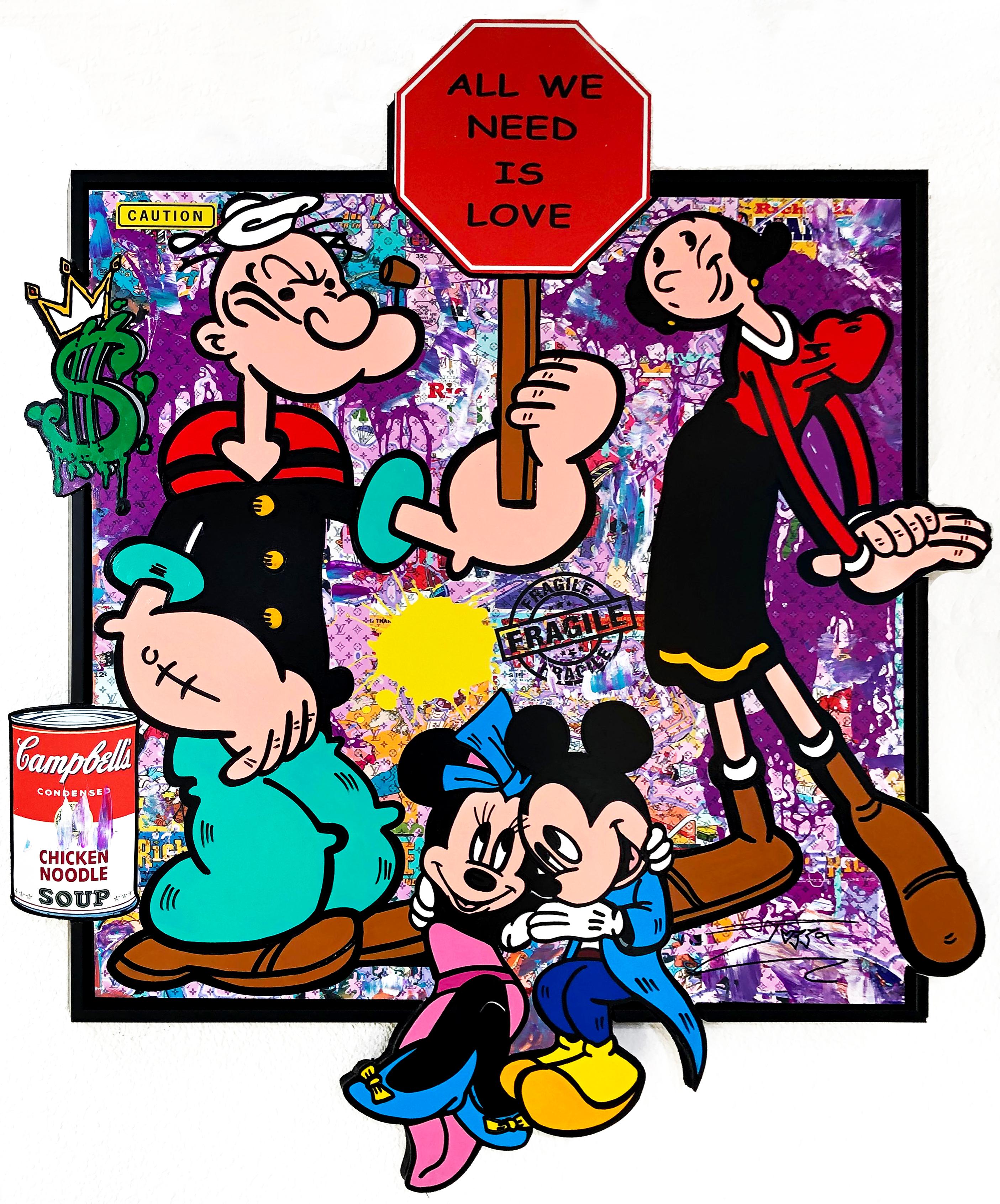 Figurative Painting di Jozza - All We Need is Love (Popeye Mickey Mini), originale su alluminio fustellato