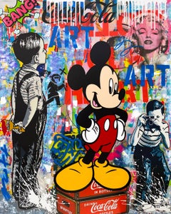 Arte es Amor, Enorme Cuadro Original, Firmado, 60x48 pulg. Estirado, Mickey Mouse