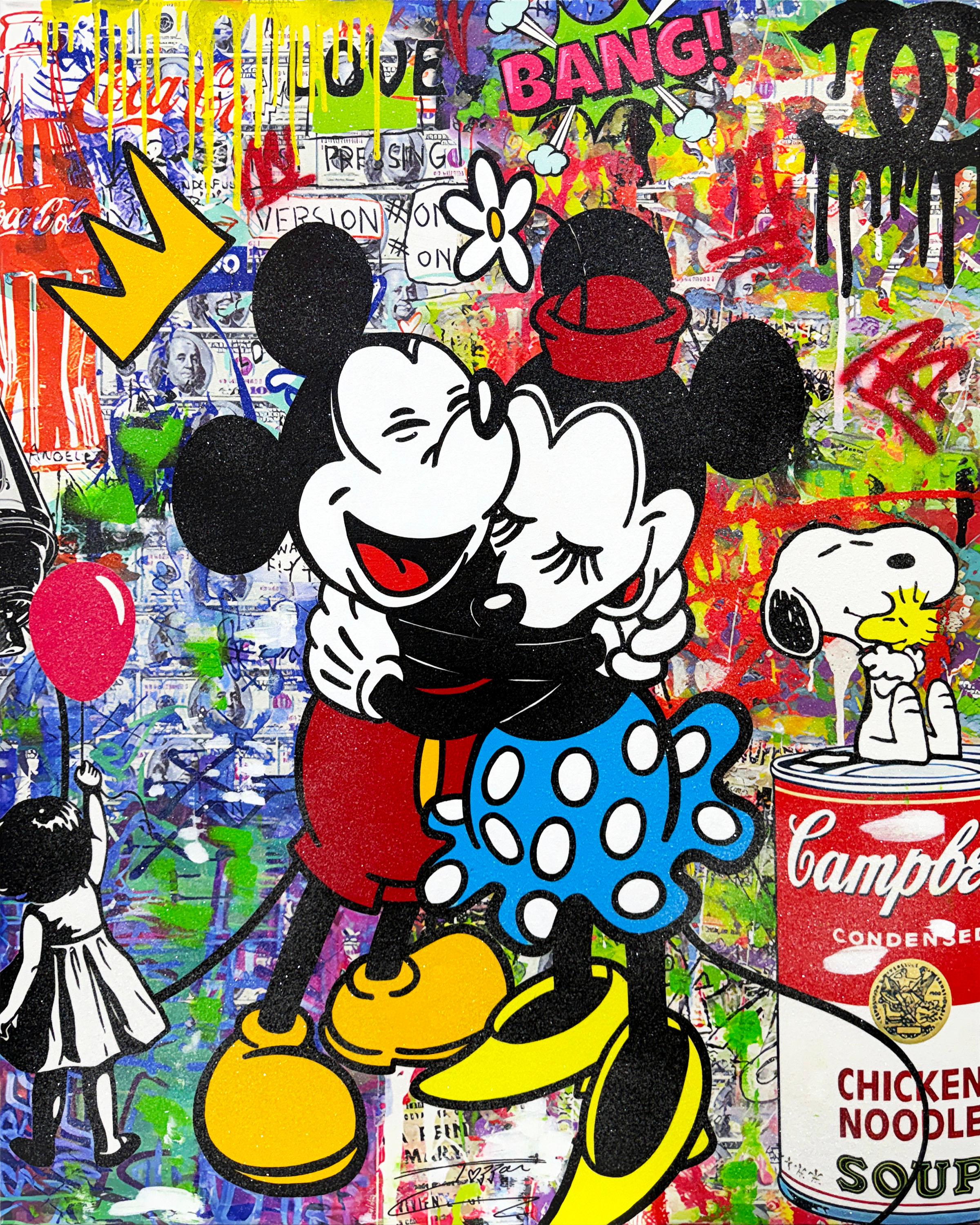 Big Hug, riesiges Originalgemälde mit Diamantstaub, 60x48 Zoll, Mickey Minnie