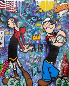 Papillon bleu, grande peinture originale avec poussière de diamant, 60x48 pouces, Popeye