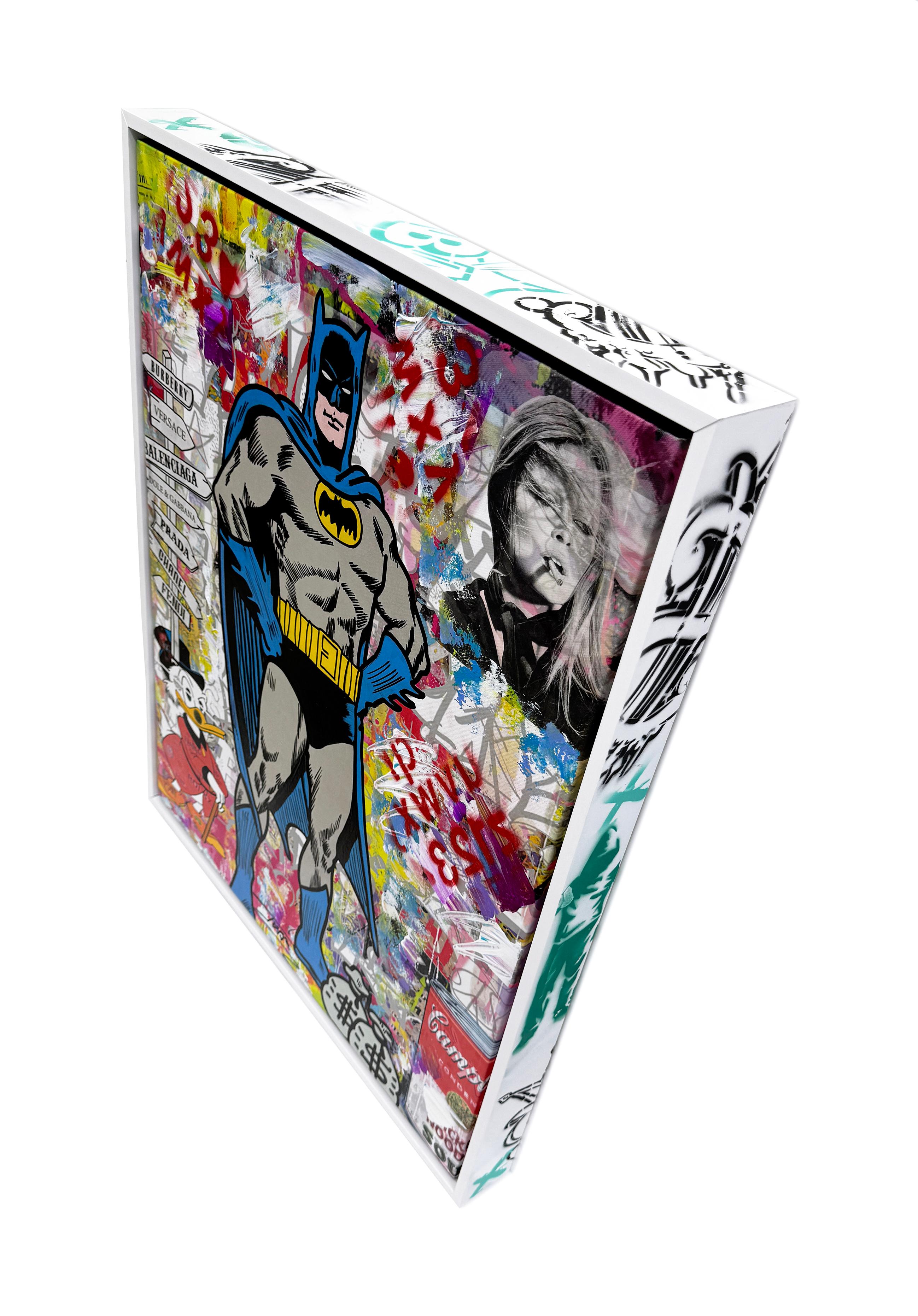 Caped Crusader (Batman), Originalgemälde mit speziell angefertigtem Rahmen – Painting von Jozza