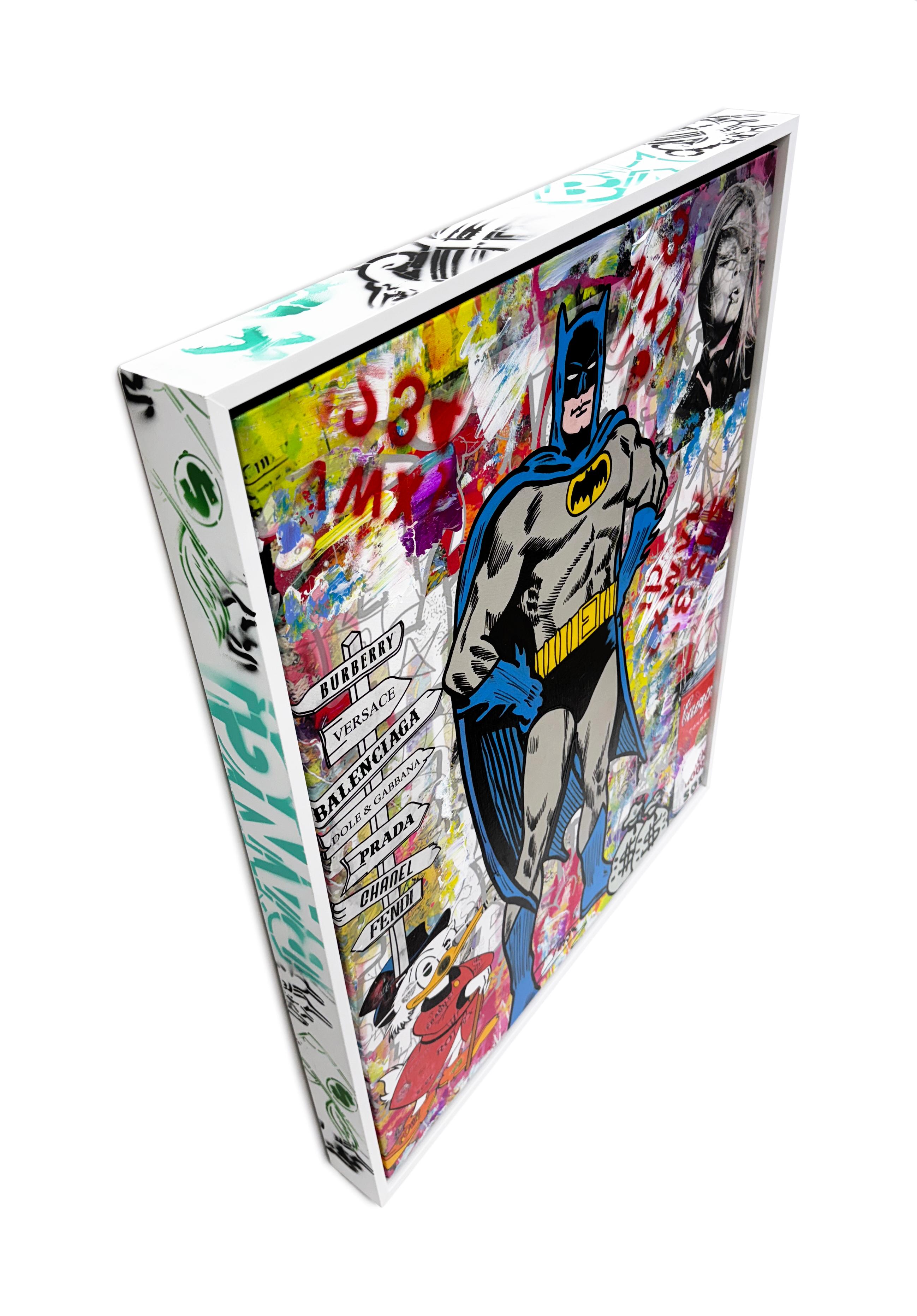 Caped Crusader (Batman), Originalgemälde mit speziell angefertigtem Rahmen (Streetart), Painting, von Jozza