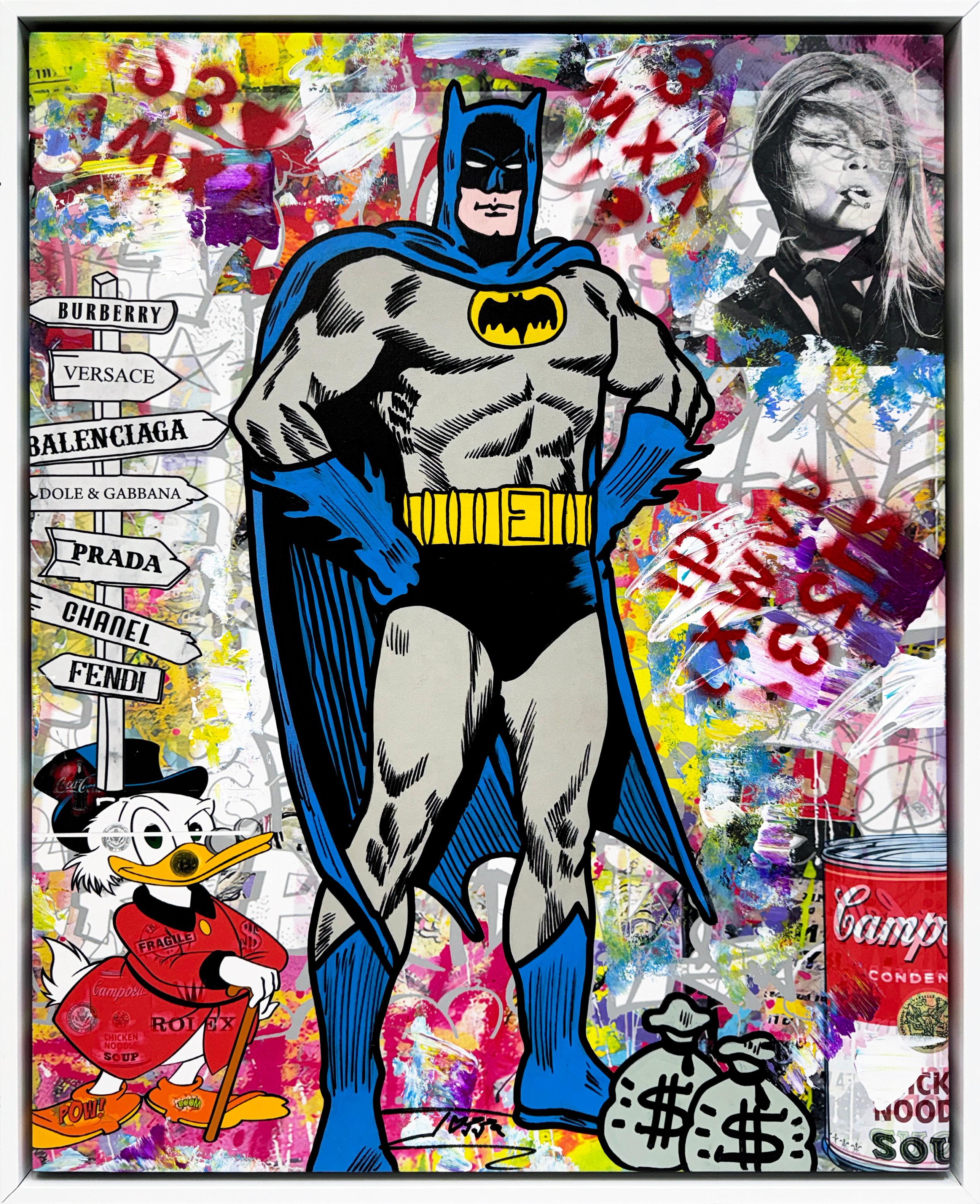 Jozza Figurative Painting – Caped Crusader (Batman), Originalgemälde mit speziell angefertigtem Rahmen