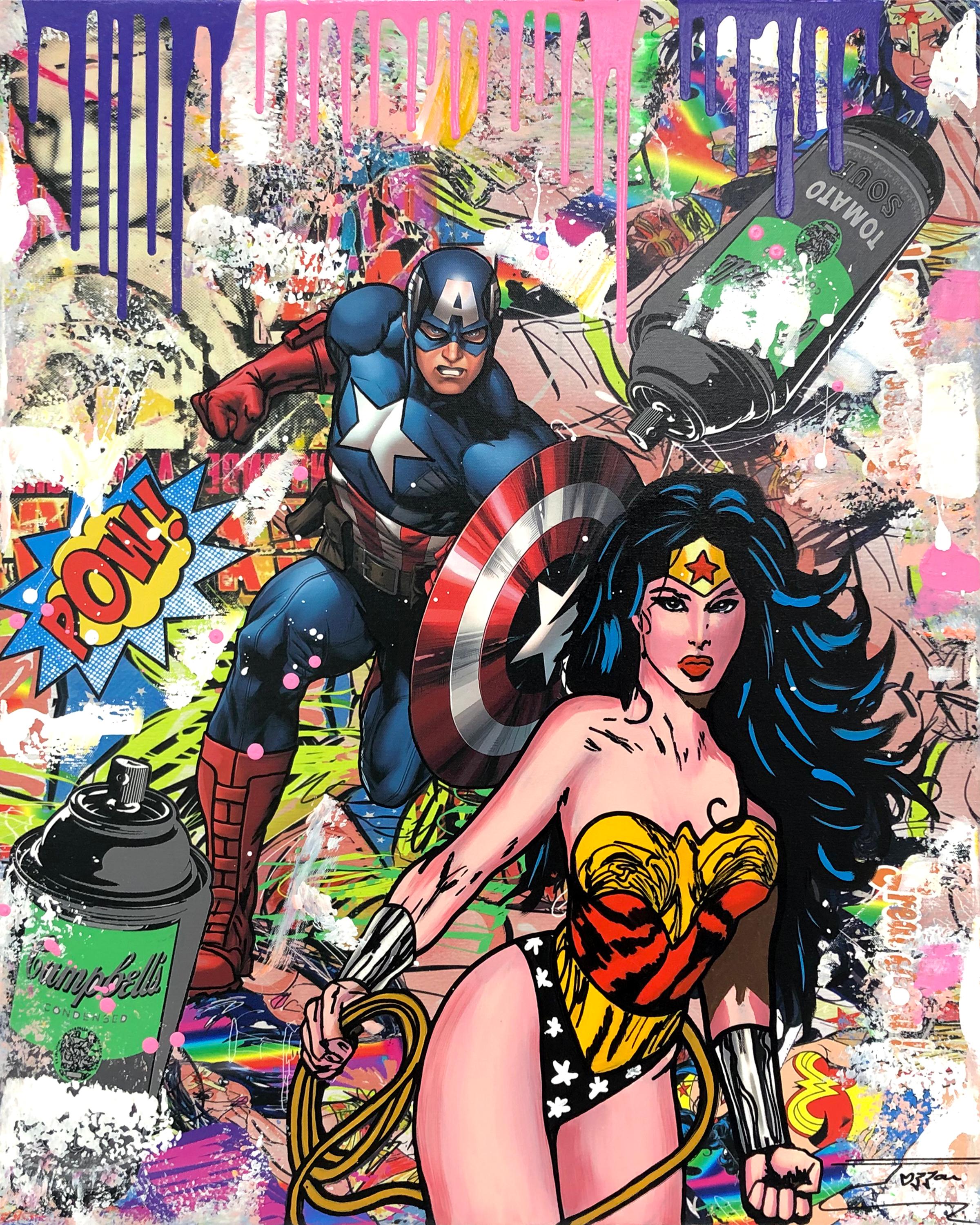 Jozza Figurative Painting - CAPTAIN AMERICA (WITH WONDERWOMAN)