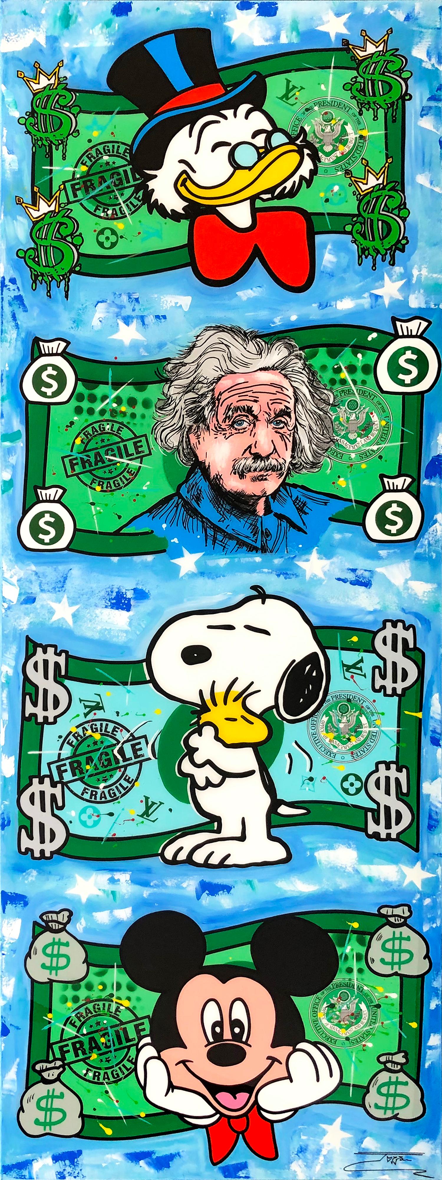 Jozza Portrait Painting - Cash Only II (Scrooge Einstein Snoopy Mickey), large original painting