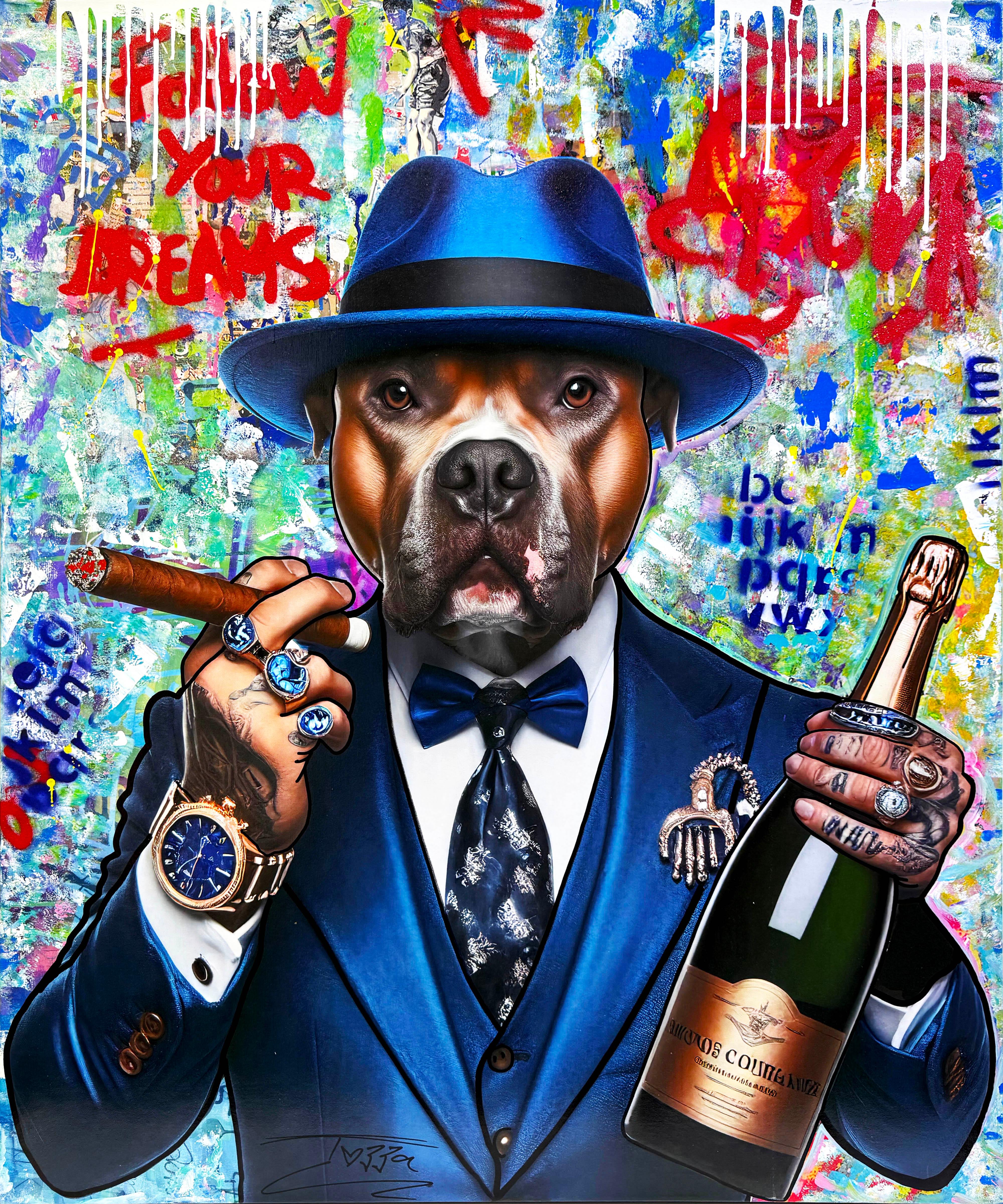Champagner und Bling! (großes Originalgemälde auf Leinwand) (Streetart), Painting, von Jozza